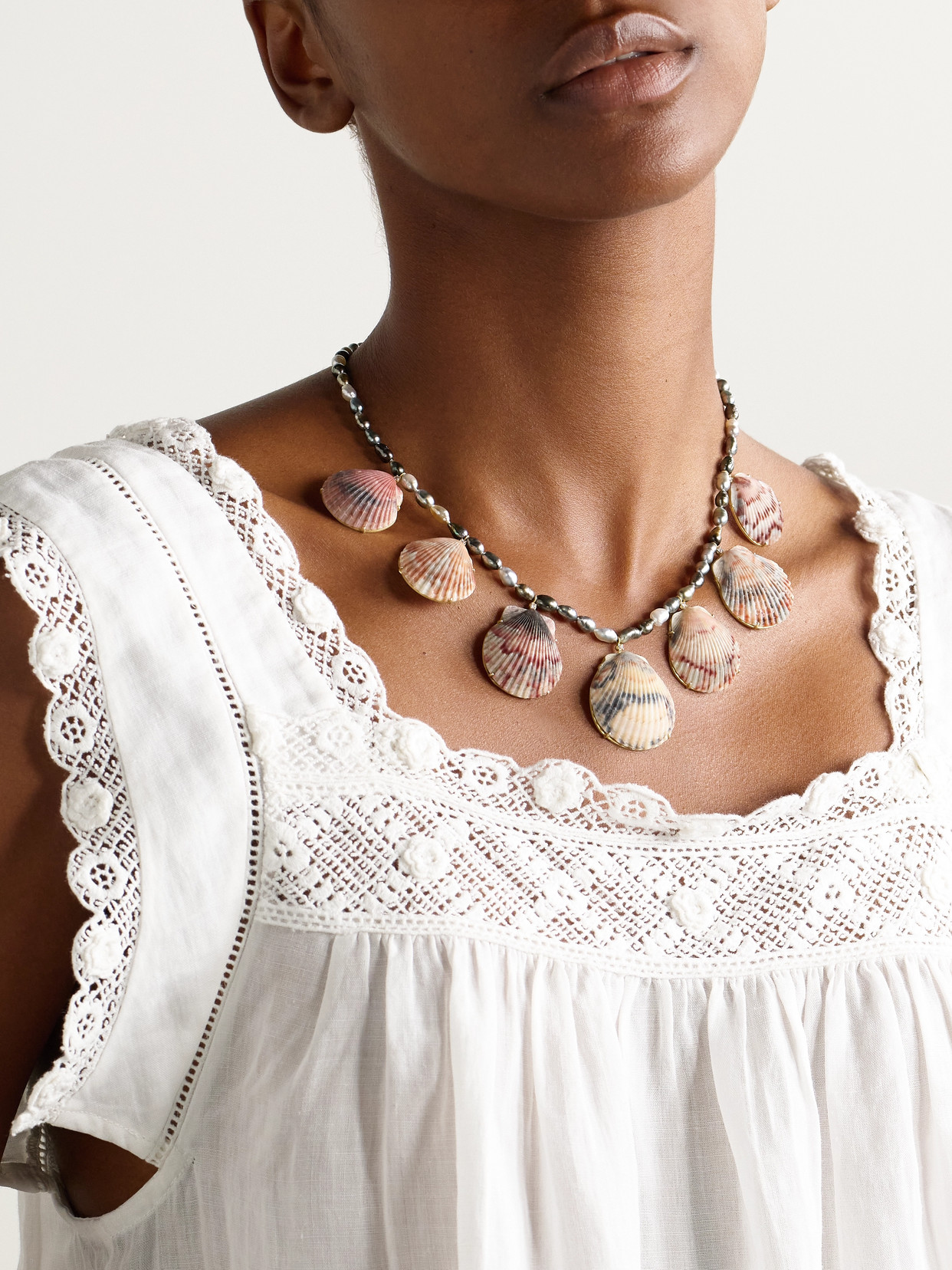 Marisa Klass 18-karat Gold, Pearl, Shell And Diamond Necklace In Brown