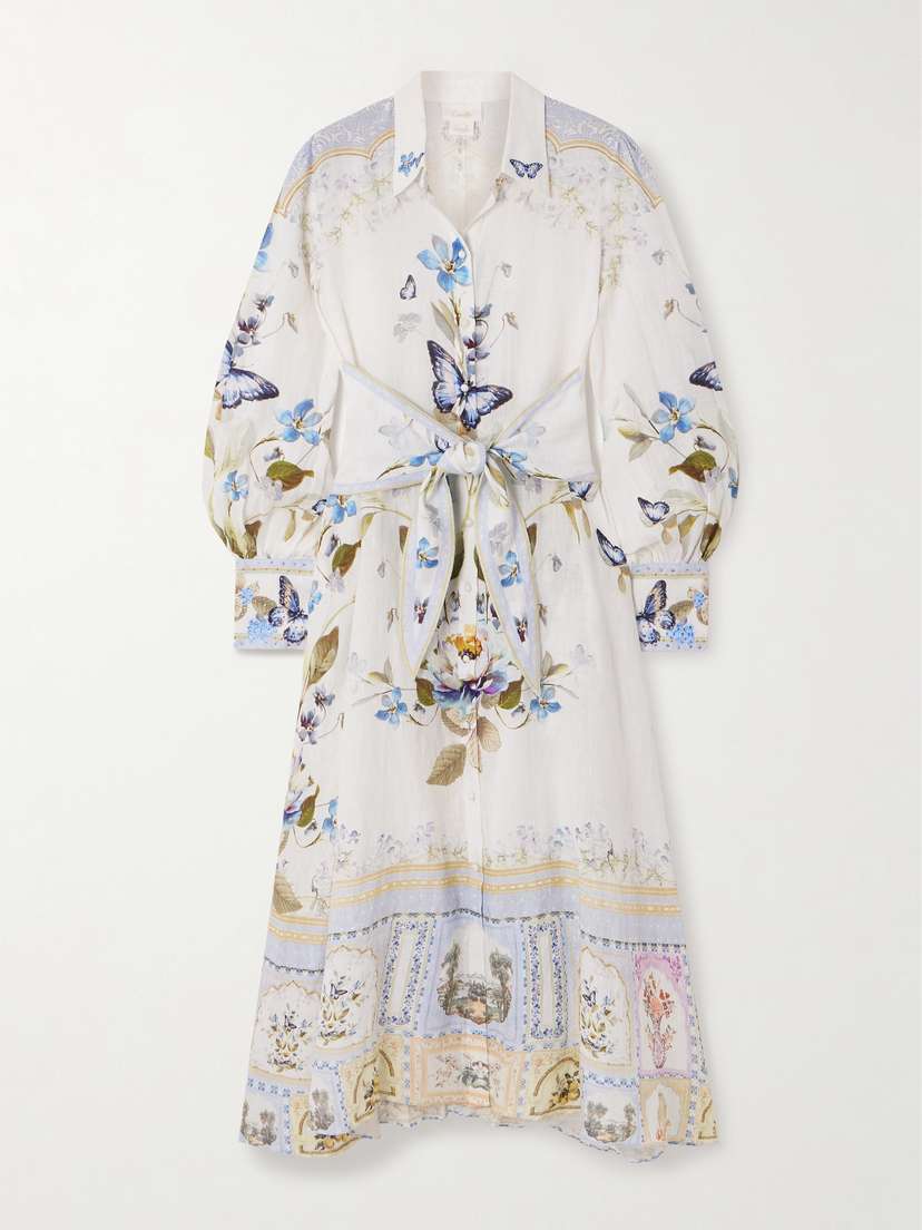 Camilla Belted Embellished Floral-print Linen Midi Shirt Dress