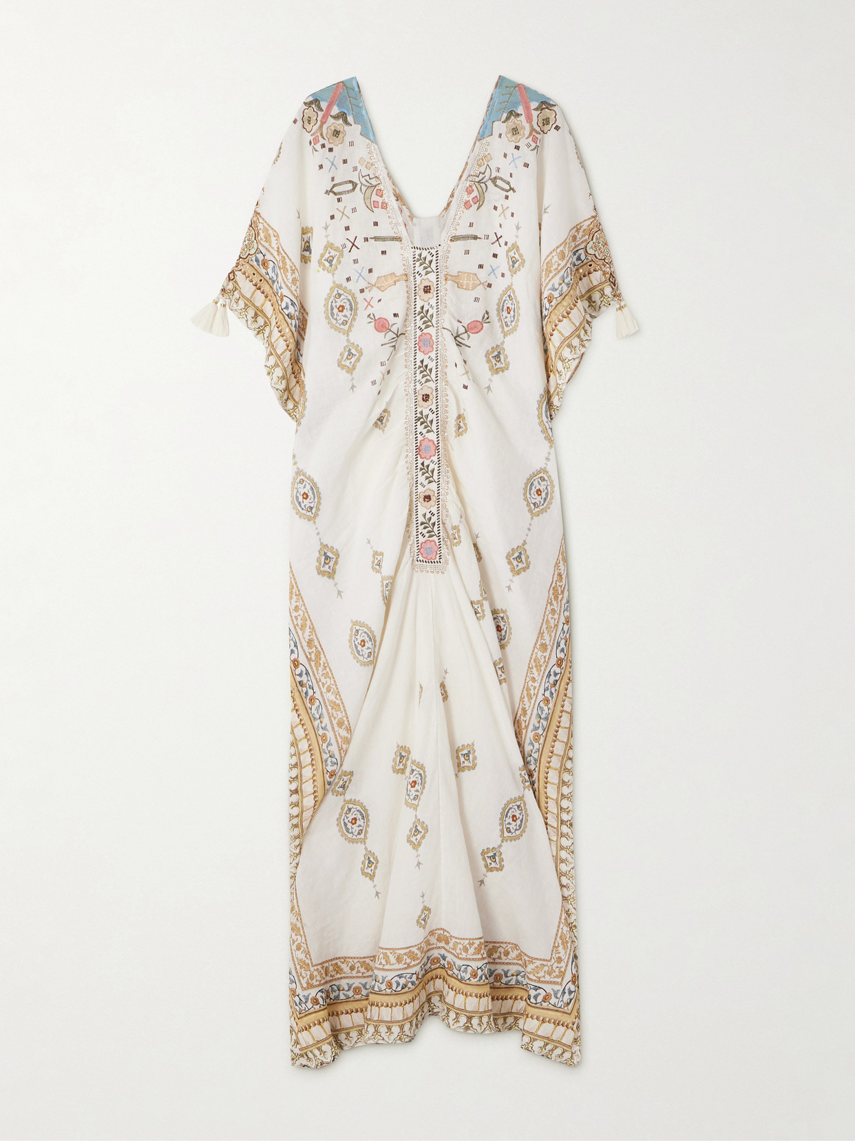 Camilla Tasseled Embroidered Printed Linen Kaftan In White
