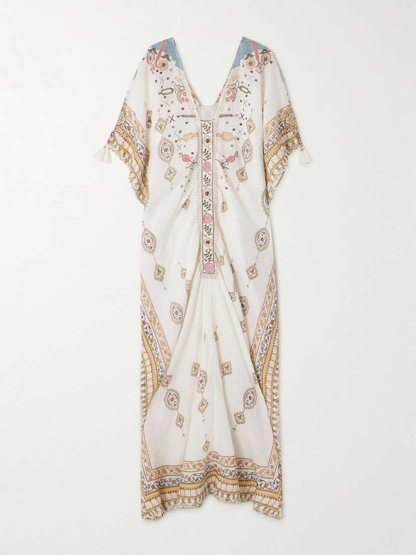 Camilla Tasseled Embroidered Printed Linen Kaftan