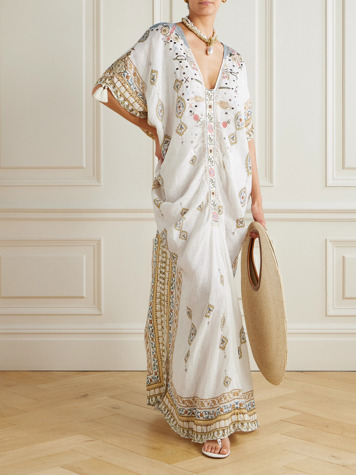 Camilla Tasseled Embroidered Printed Linen Kaftan In White