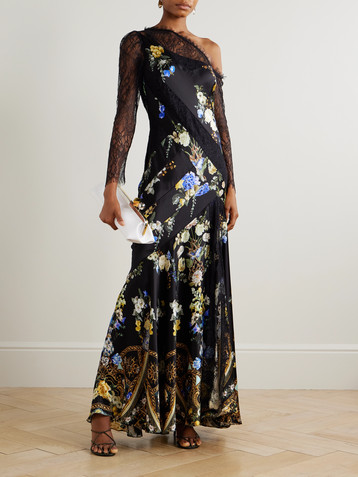 Camilla One-shoulder paneled floral-print silk-charmeuse  and lace maxi dress