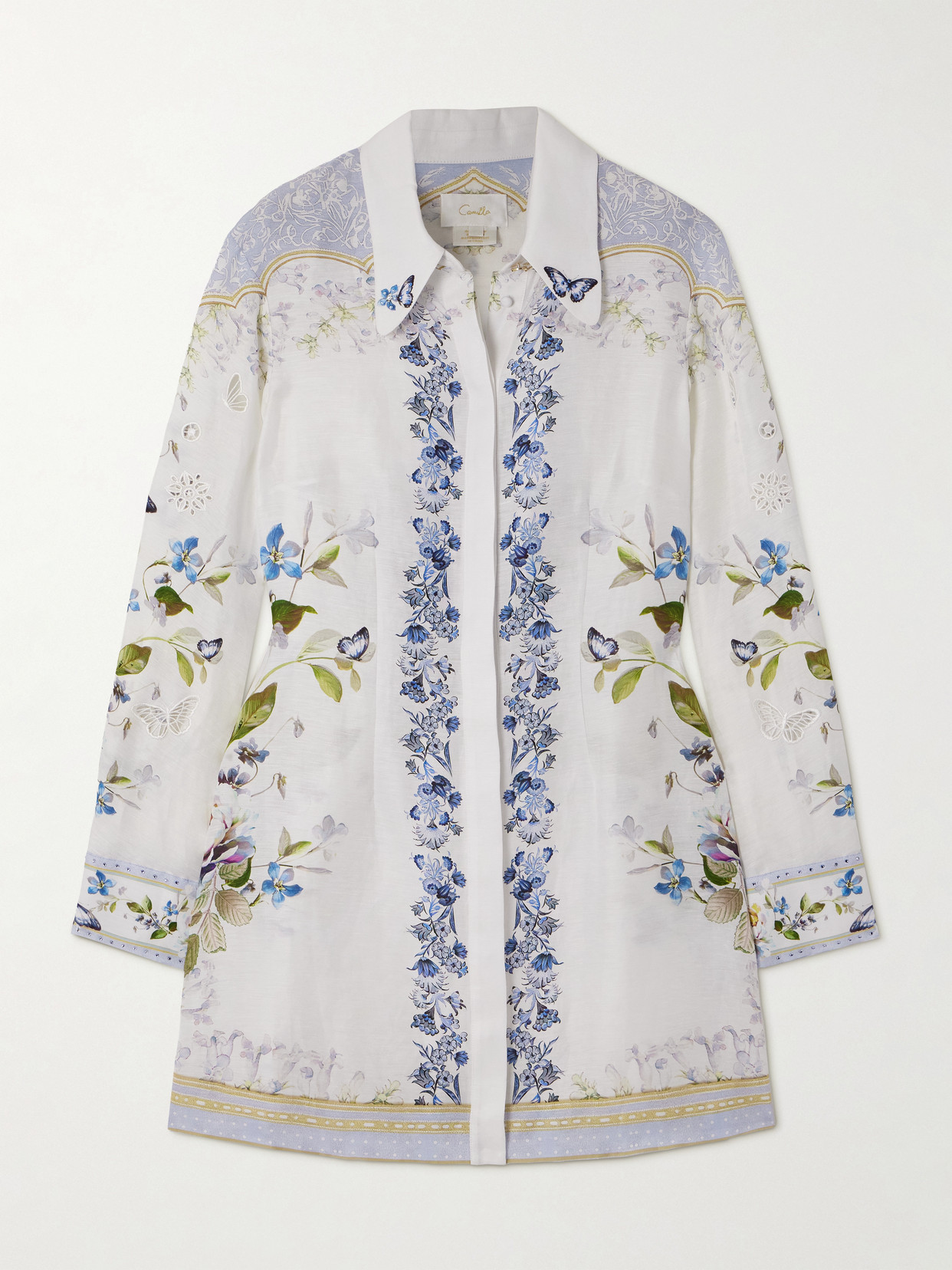 Camilla Crystal-embellished Broderie Anglaise Linen And Silk-blend Mini Shirt Dress In White