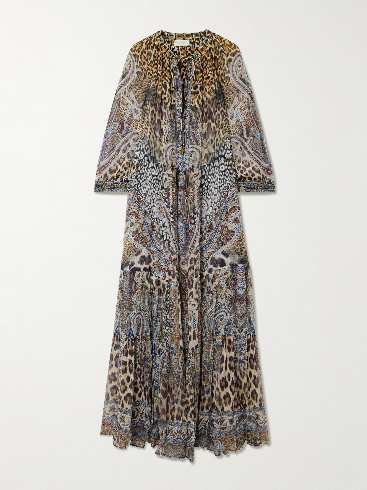 Camilla Embellished Tiered Printed Silk Crepe De Chine Maxi Dress In Brown