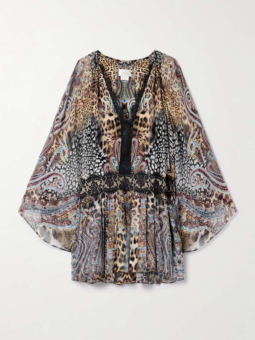 Camilla Oversized Lace-trimmed Printed Silk Crepe De Chine Mini Dress