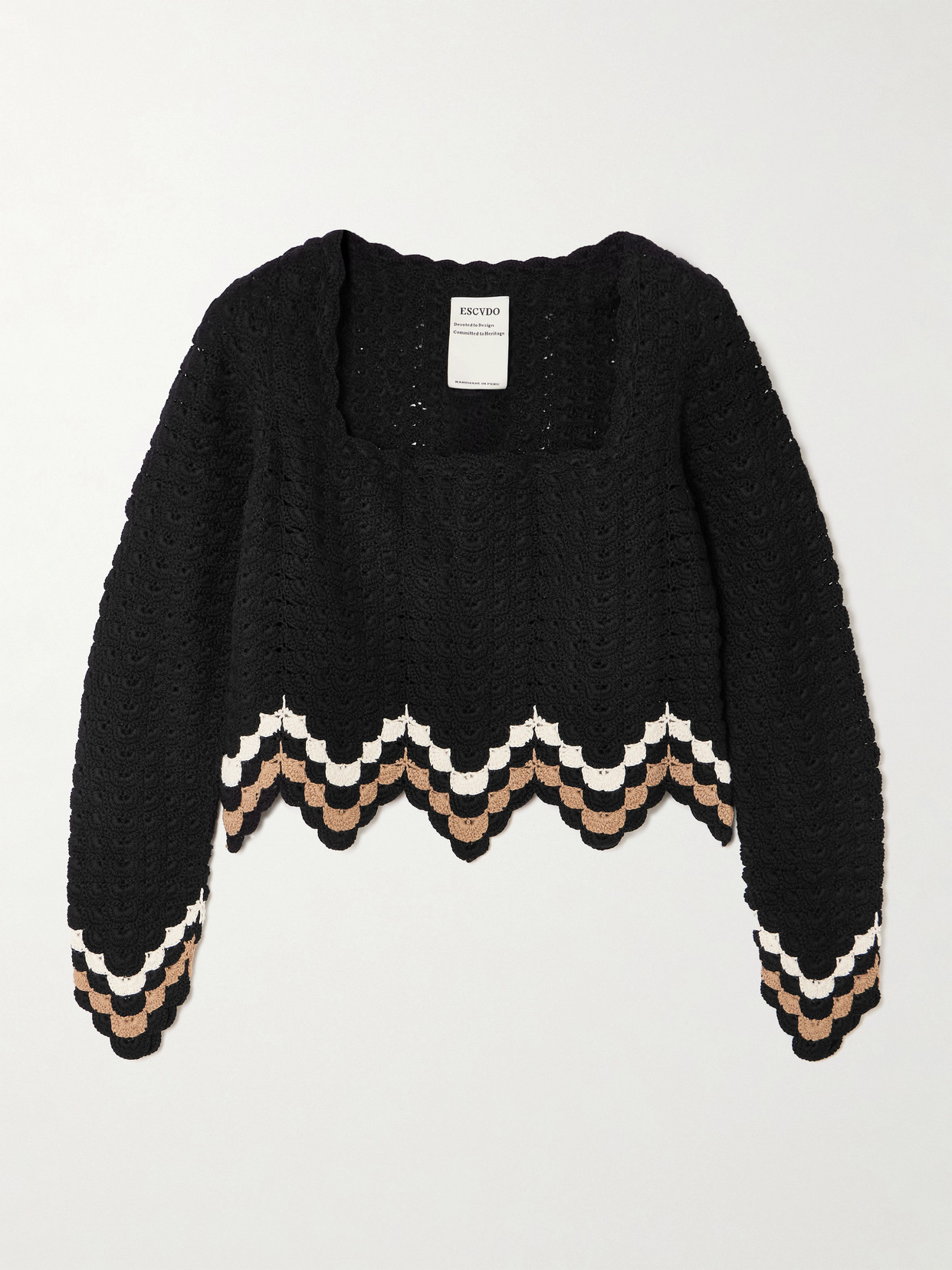 Escvdo Sumac Cropped Scalloped Crocheted Cotton Top In Black