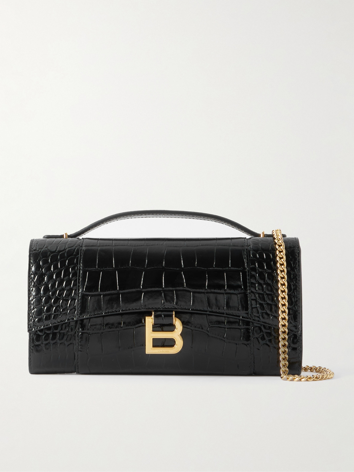 Balenciaga Hourglass Croc-effect Patent-leather Shoulder Bag In Black