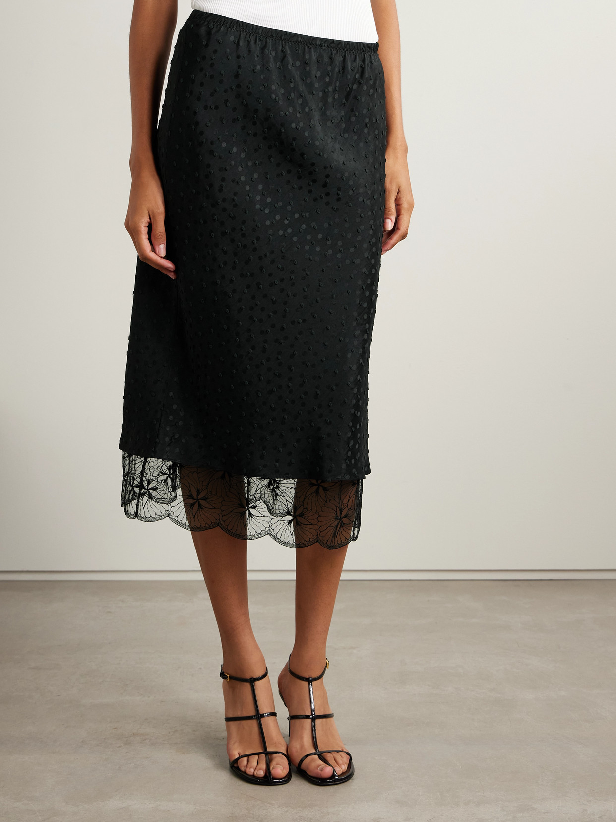 Maria Mcmanus Lace-trimmed Flocked Satin-jacquard Midi Skirt In Black
