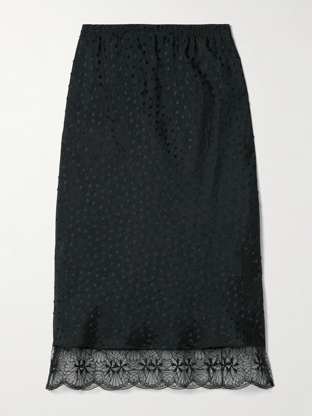 Maria Mcmanus Lace-trimmed Flocked Satin-jacquard Midi Skirt In Black