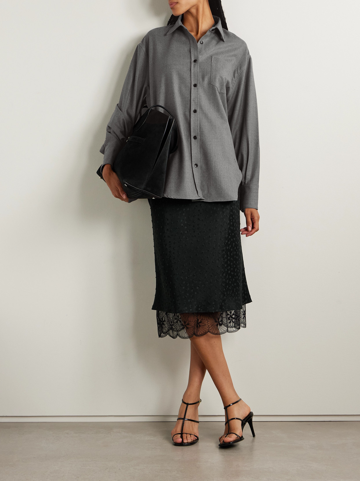 Maria Mcmanus Lace-trimmed Flocked Satin-jacquard Midi Skirt In Black