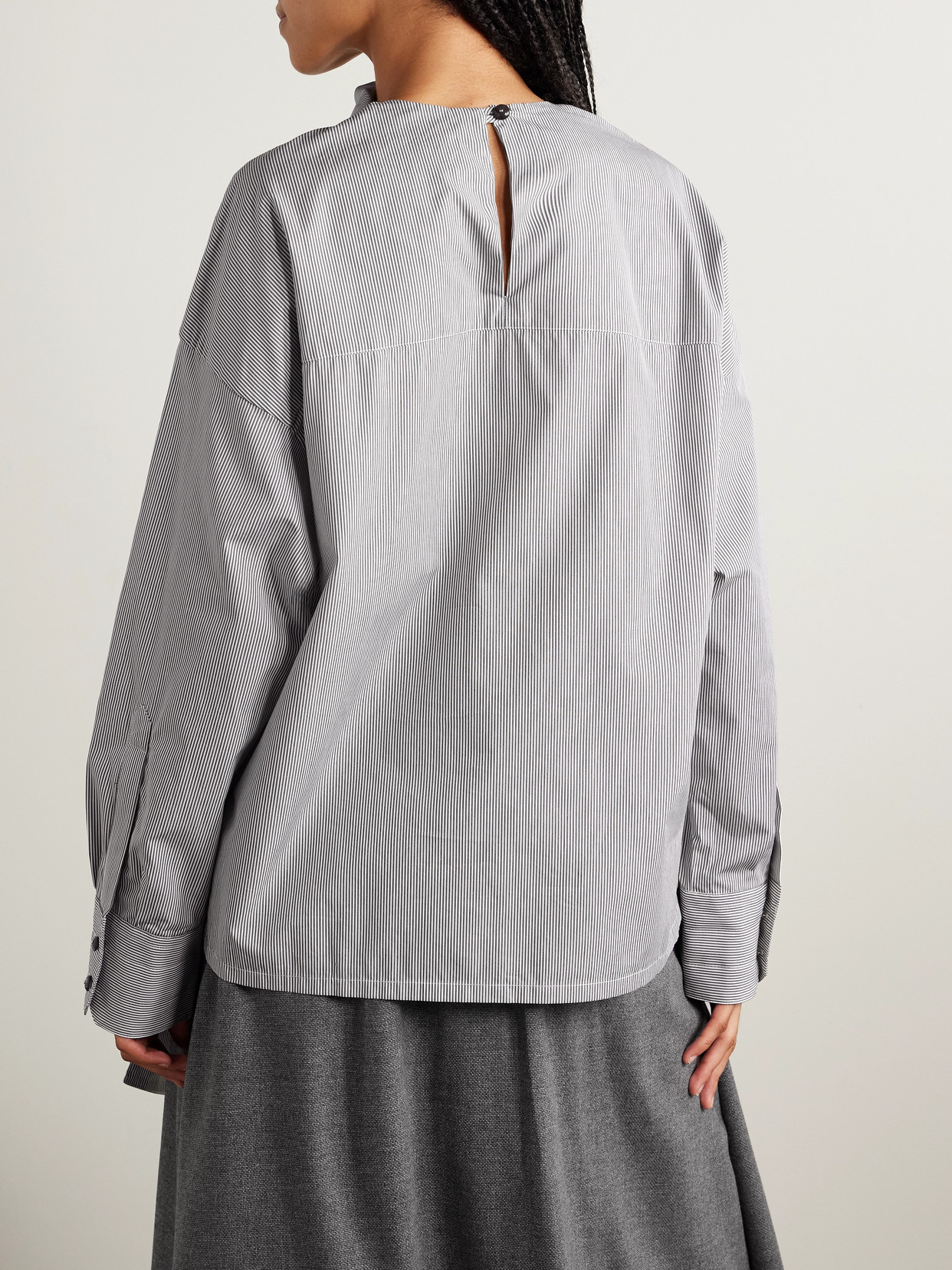 Scarf-Detailed Striped Organic Cotton-Poplin Blouse