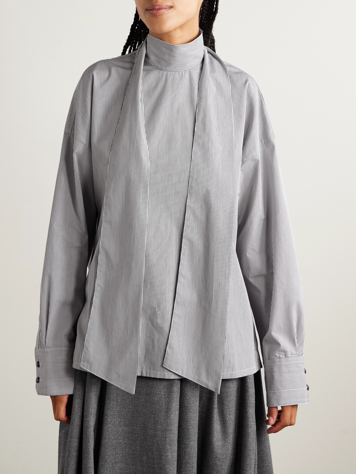 Scarf-Detailed Striped Organic Cotton-Poplin Blouse