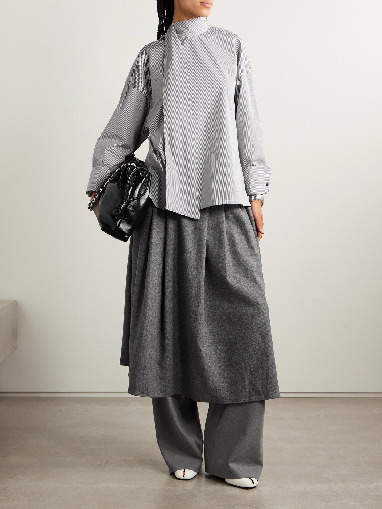 Scarf-Detailed Striped Organic Cotton-Poplin Blouse