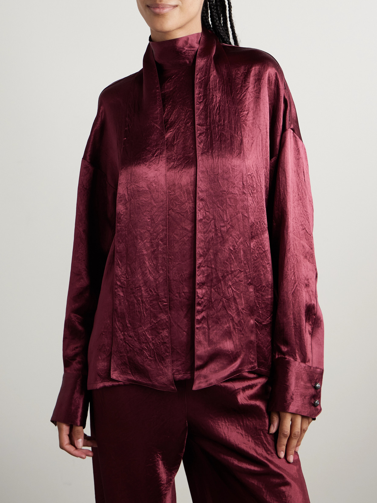 Maria Mcmanus Scarf-detailed Crinkled-satin Blouse In Red