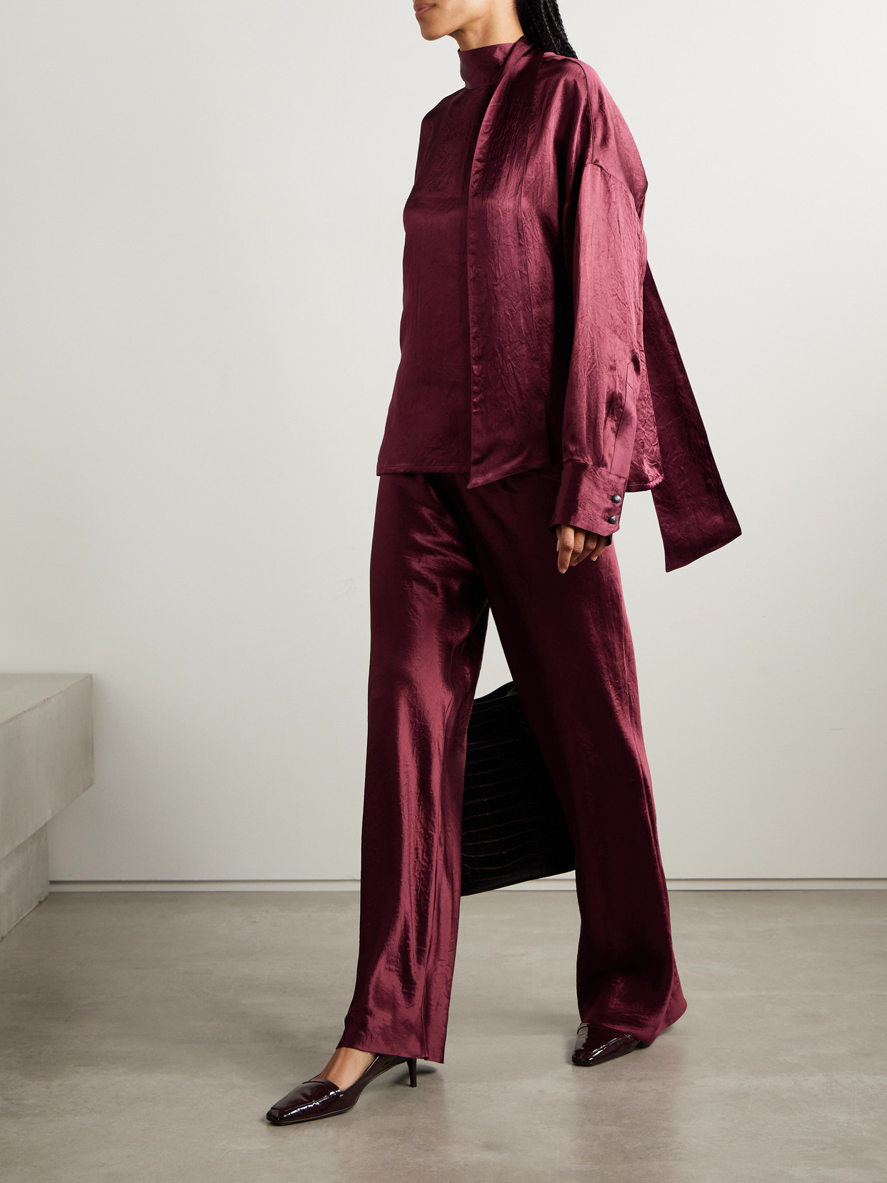 Maria Mcmanus Scarf-detailed Crinkled-satin Blouse In Red