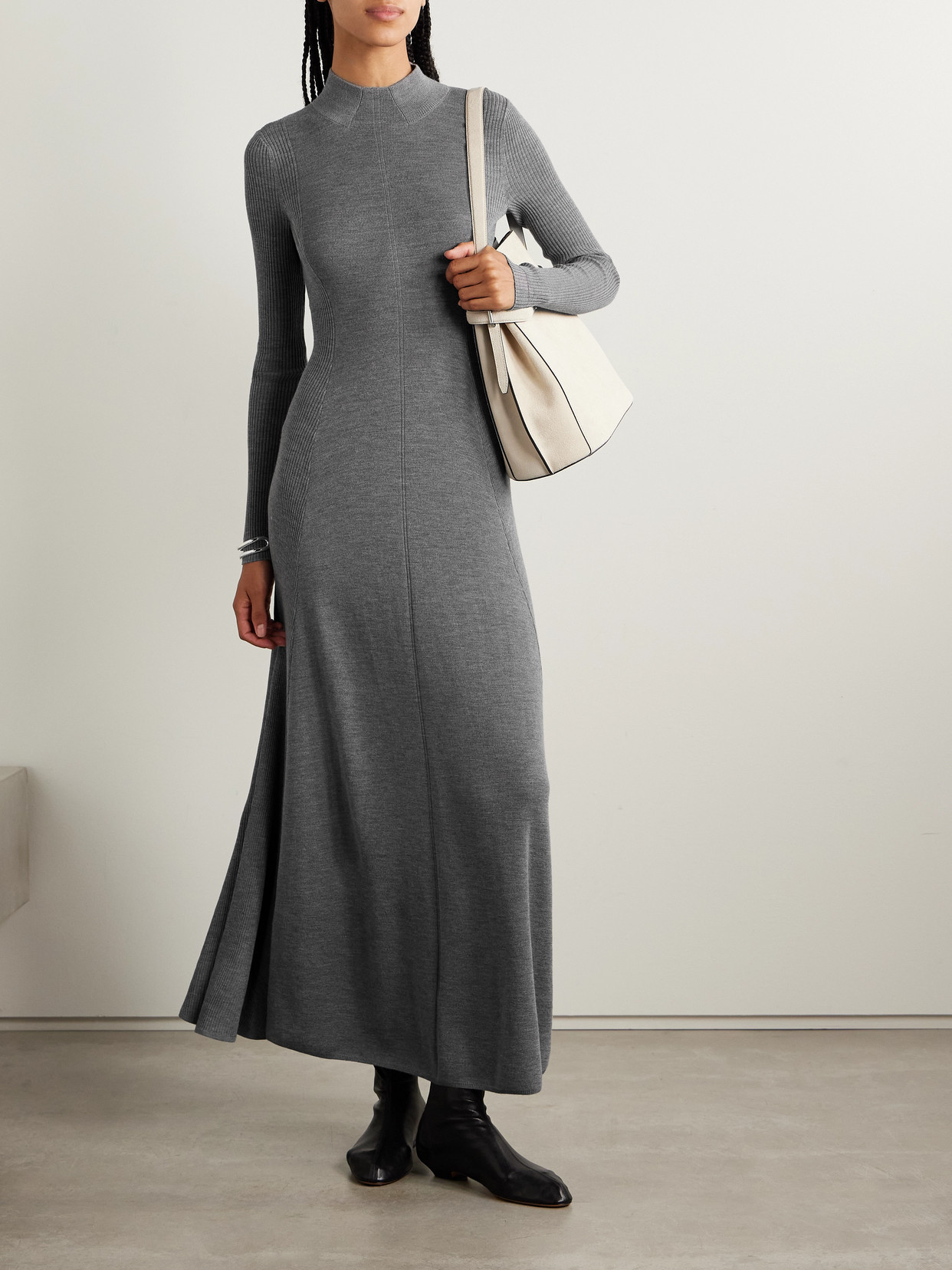 Maria Mcmanus Pleated Ribbed Merino Wool Maxi Dress In Gray