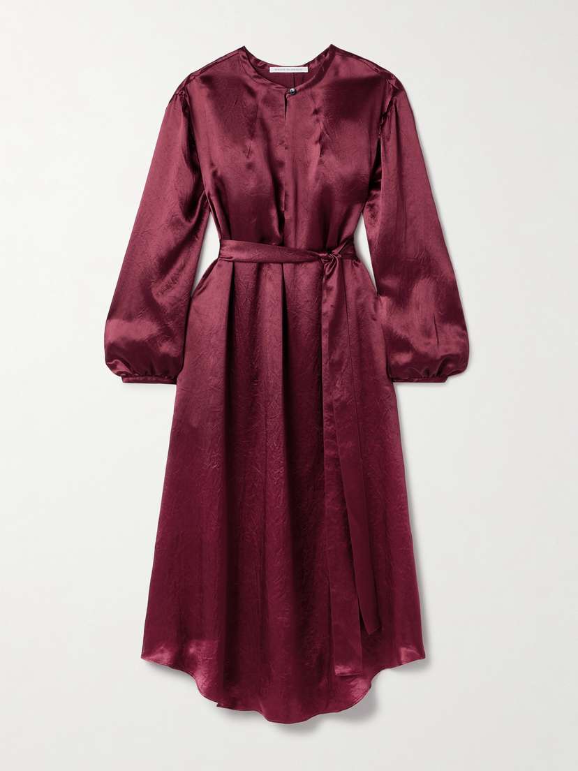 Maria McManus Belted Crinkled-satin Midi Dress
