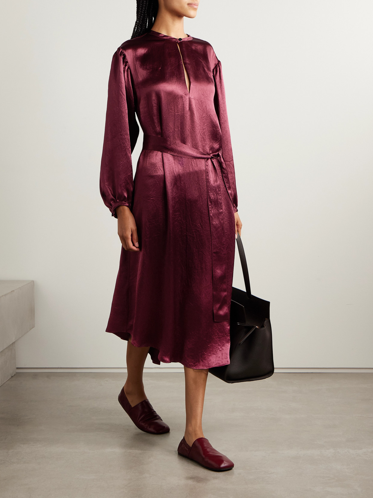 Maria Mcmanus Belted Crinkled-satin Midi Dress In Red