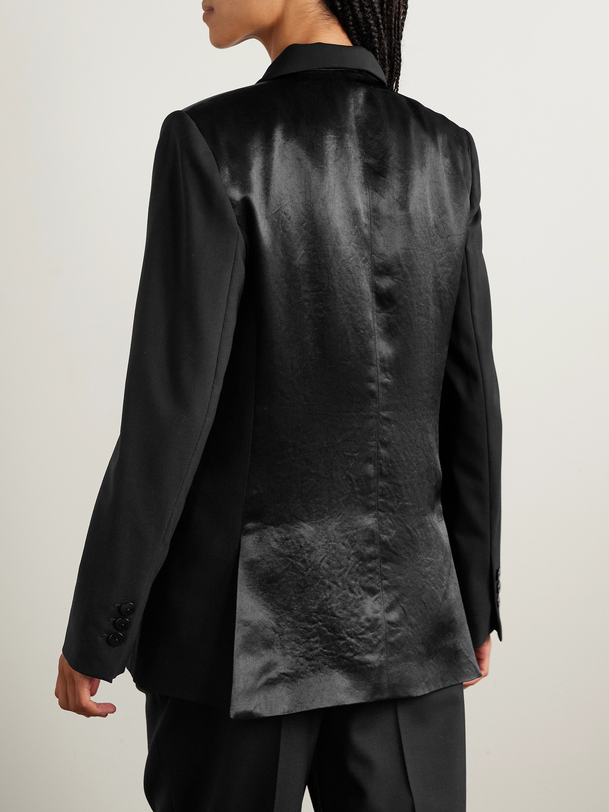 Maria Mcmanus Convertible Double-breasted Wool-blend And Draped Satin Blazer In Black