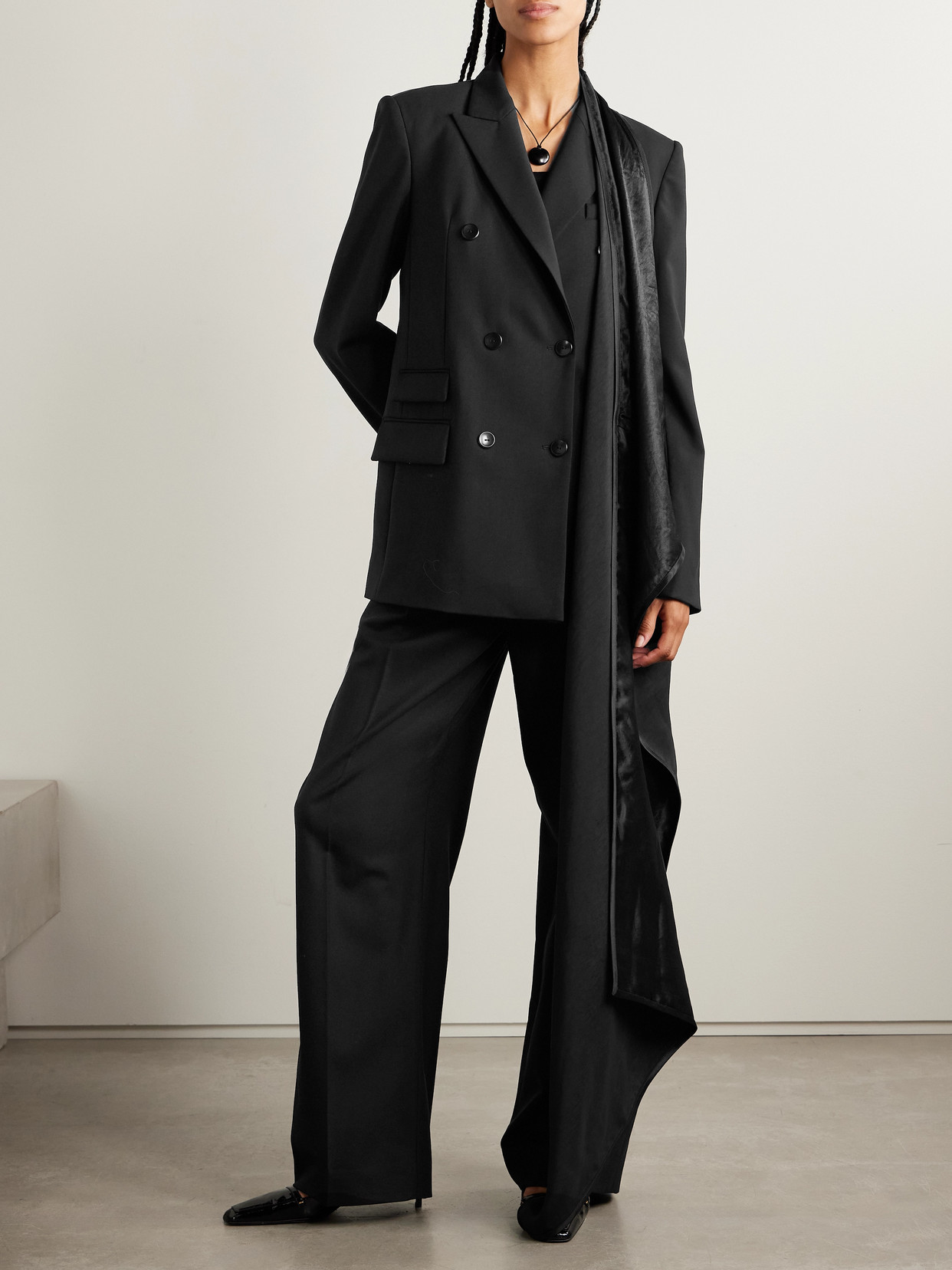 Maria Mcmanus Convertible Double-breasted Wool-blend And Draped Satin Blazer In Black