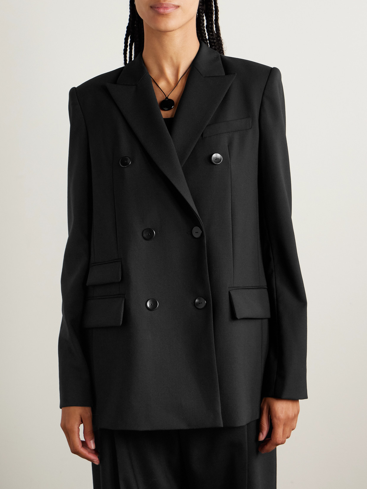Maria Mcmanus Convertible Double-breasted Wool-blend And Draped Satin Blazer In Black