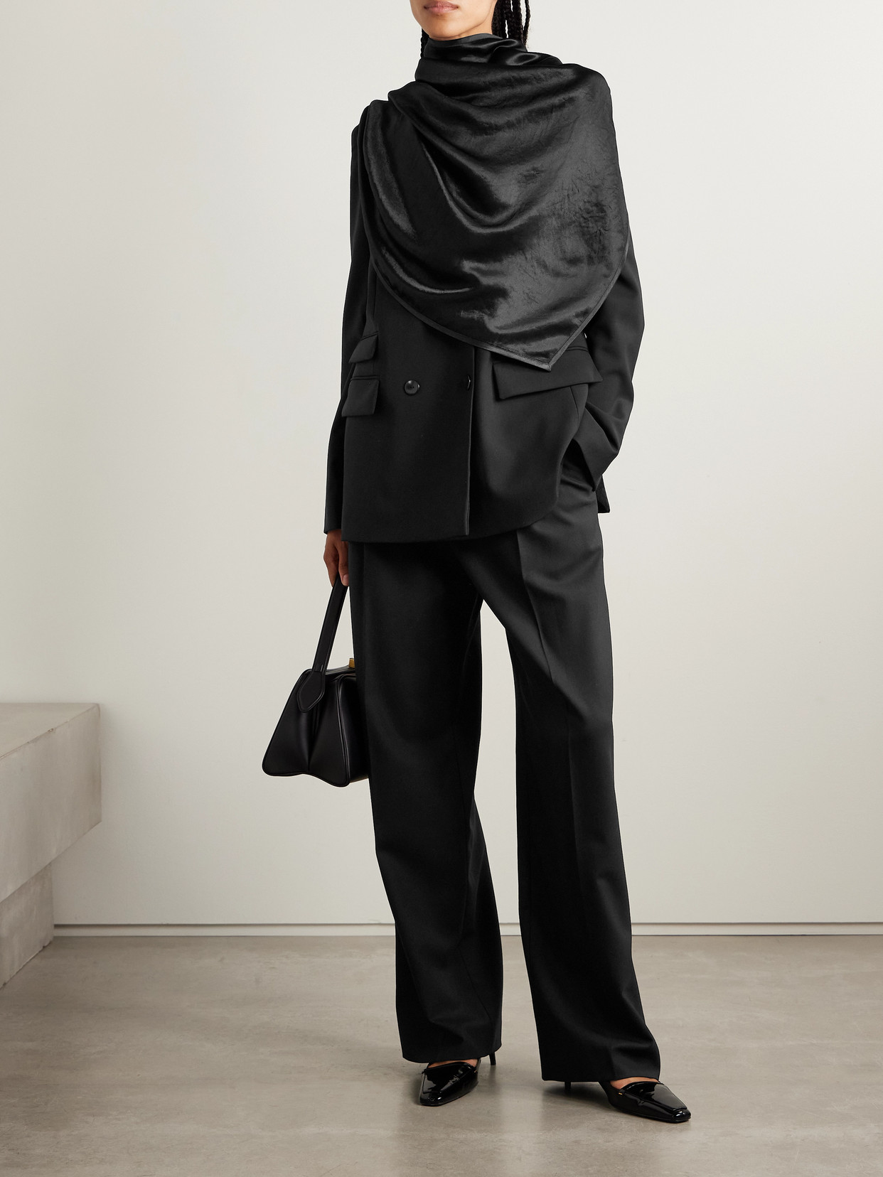 Maria Mcmanus Convertible Double-breasted Wool-blend And Draped Satin Blazer In Black