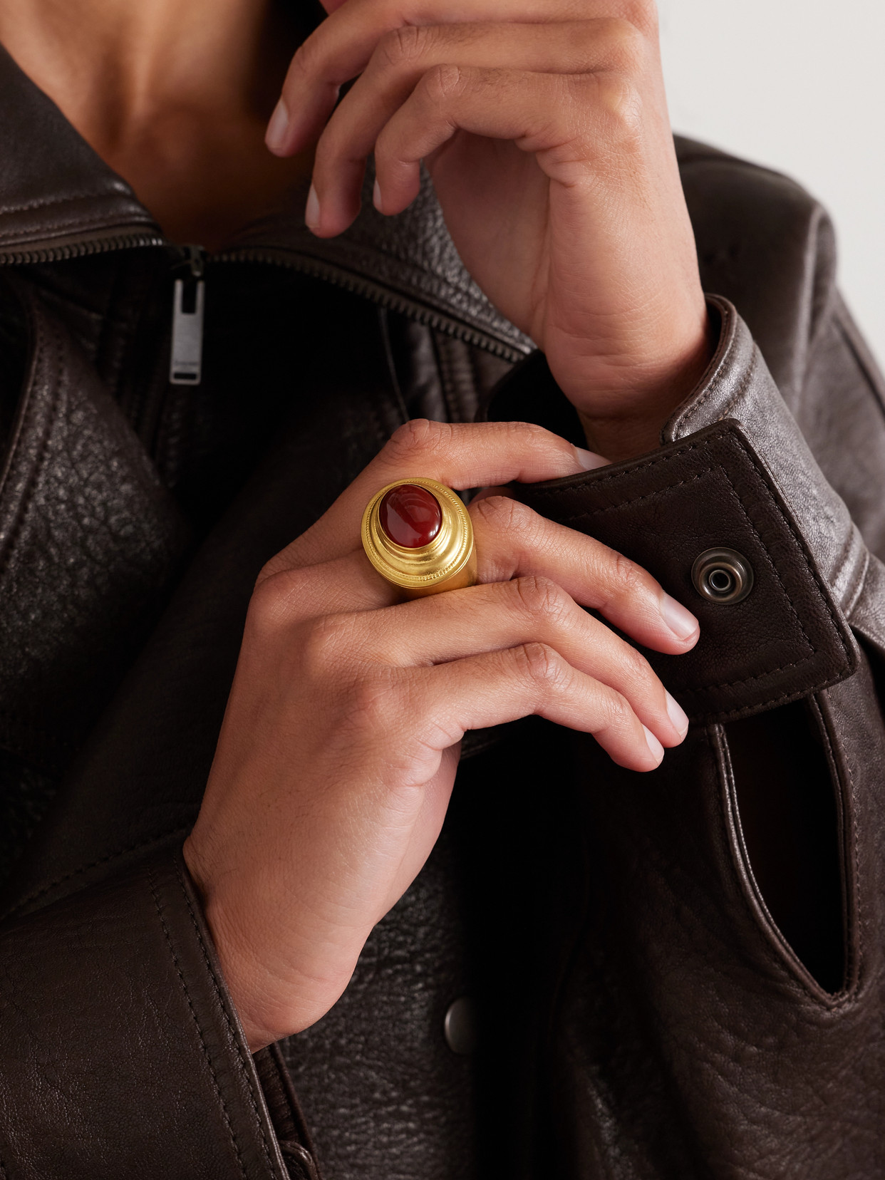 Saint Laurent Gold-tone Agate Ring In Red