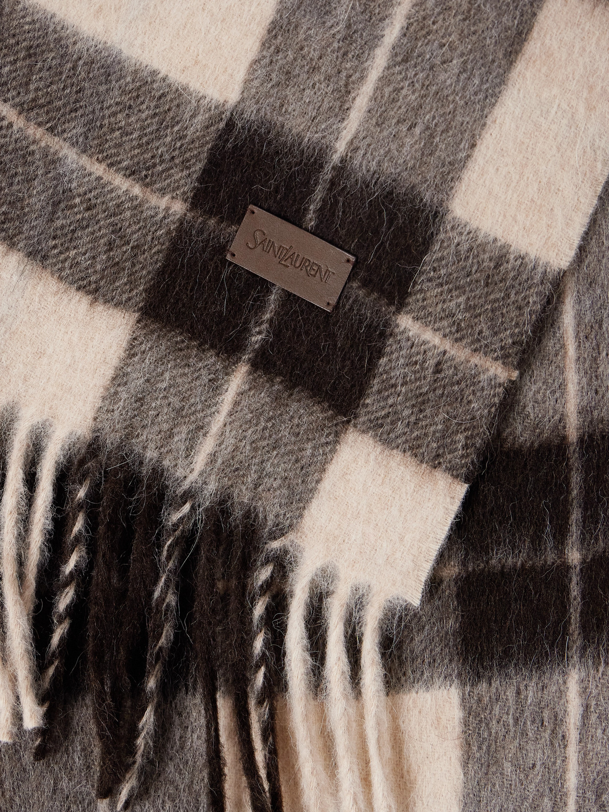 Saint Laurent Fringed Checked Llama And Wool-blend Scarf In Brown