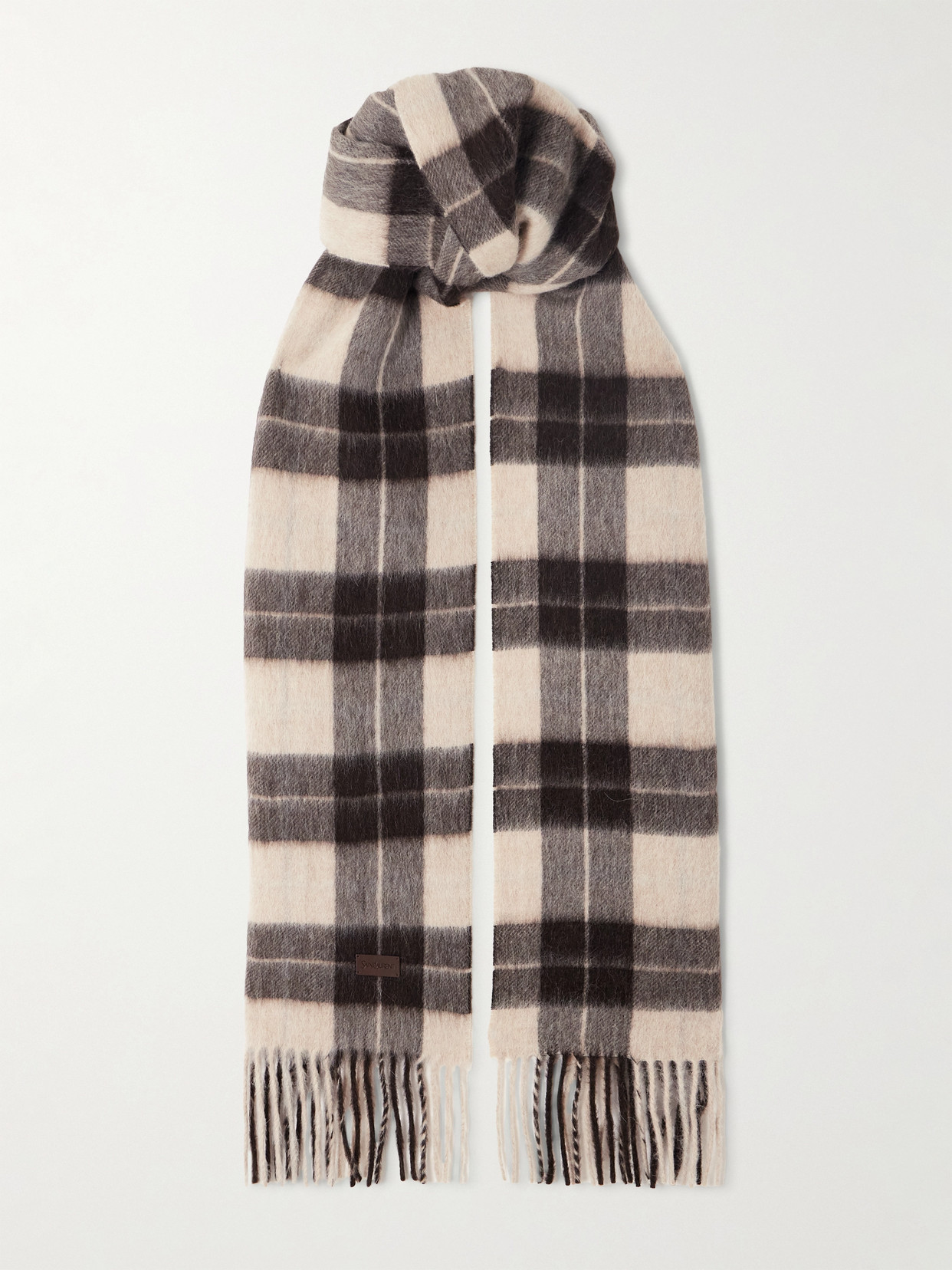 Saint Laurent Fringed Checked Llama And Wool-blend Scarf In Brown