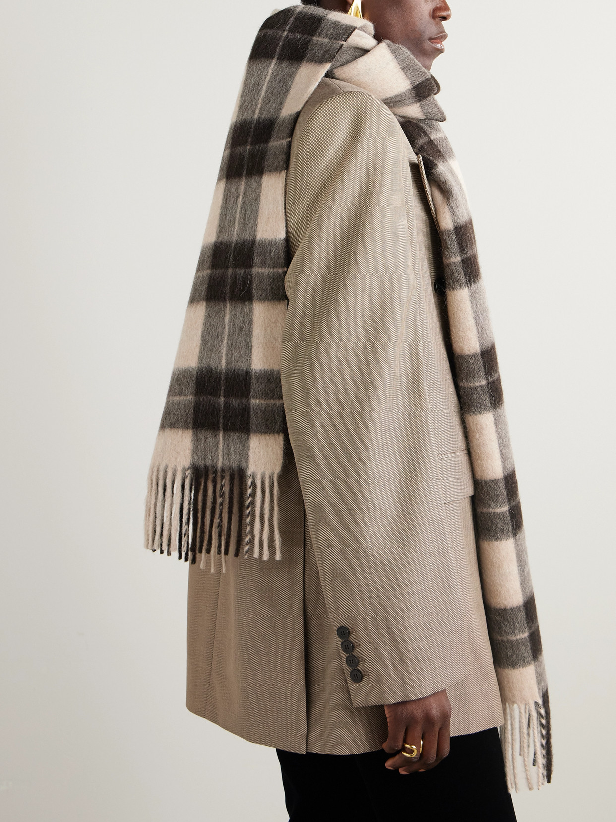 Saint Laurent Fringed Checked Llama And Wool-blend Scarf In Brown