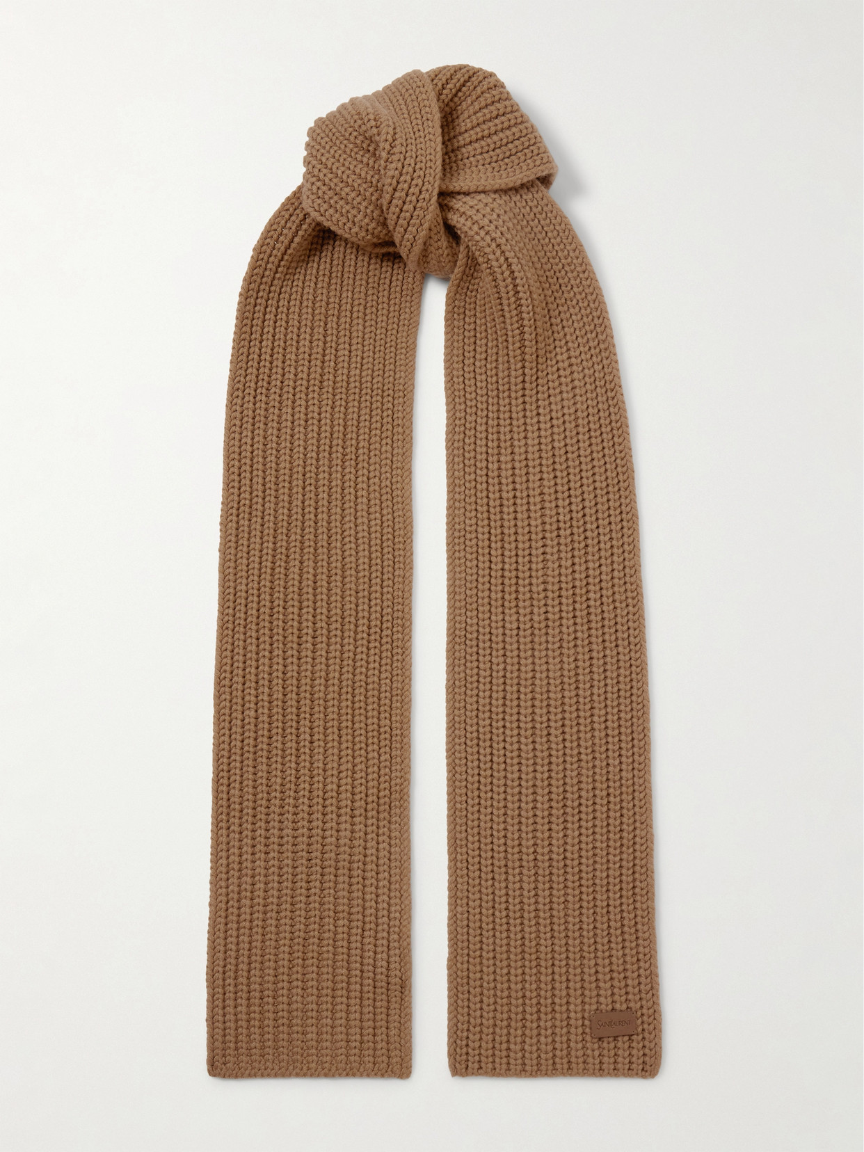 Saint Laurent Appliquéd Ribbed Cashmere Scarf In Brown