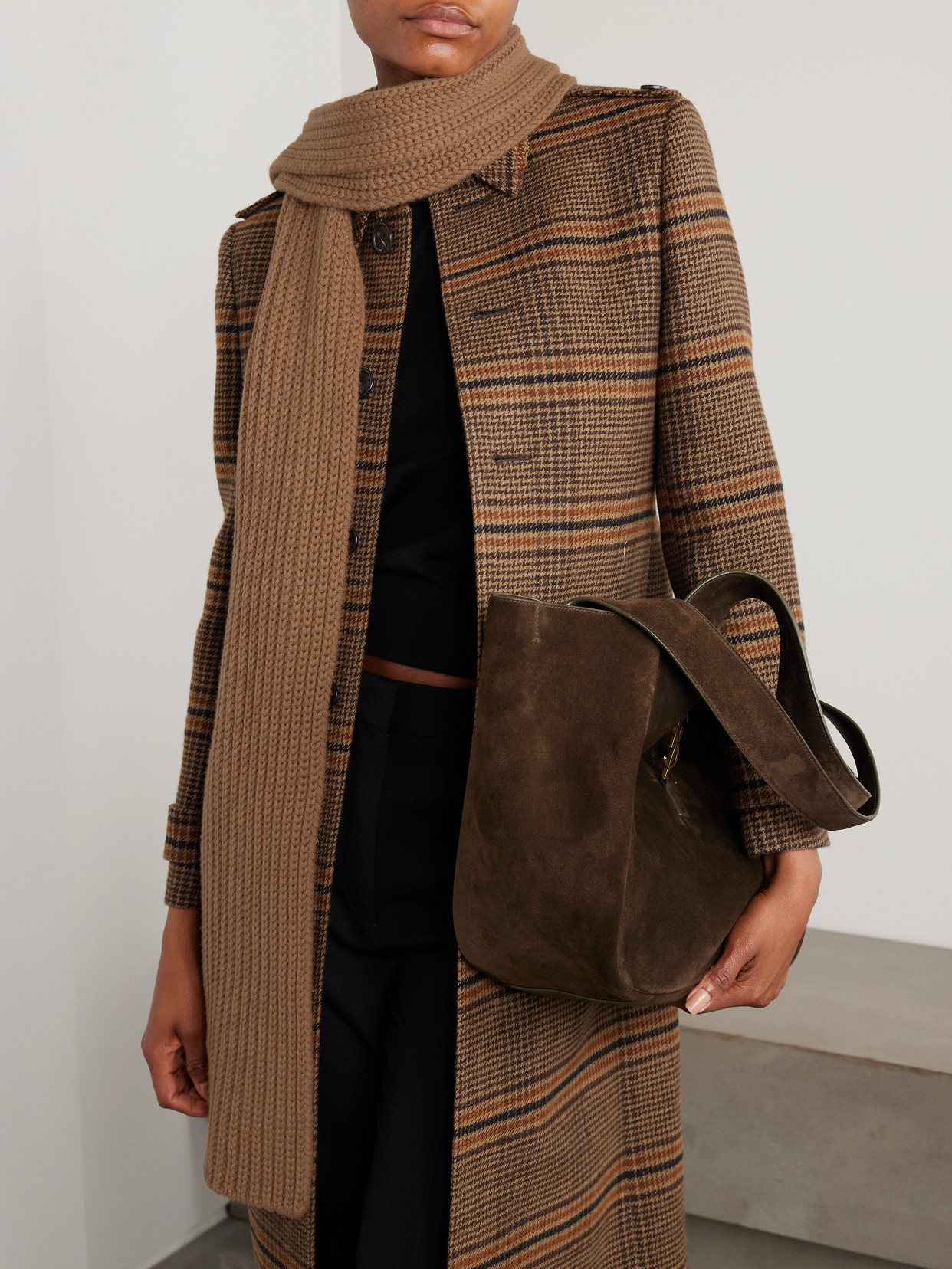 Saint Laurent Appliquéd Ribbed Cashmere Scarf In Brown