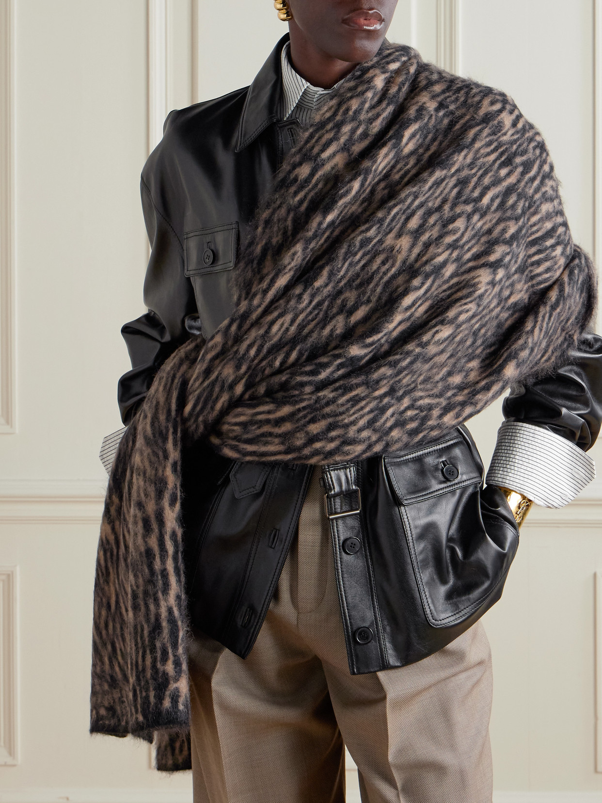 Saint Laurent Leopard-print Mohair-blend Scarf In Brown
