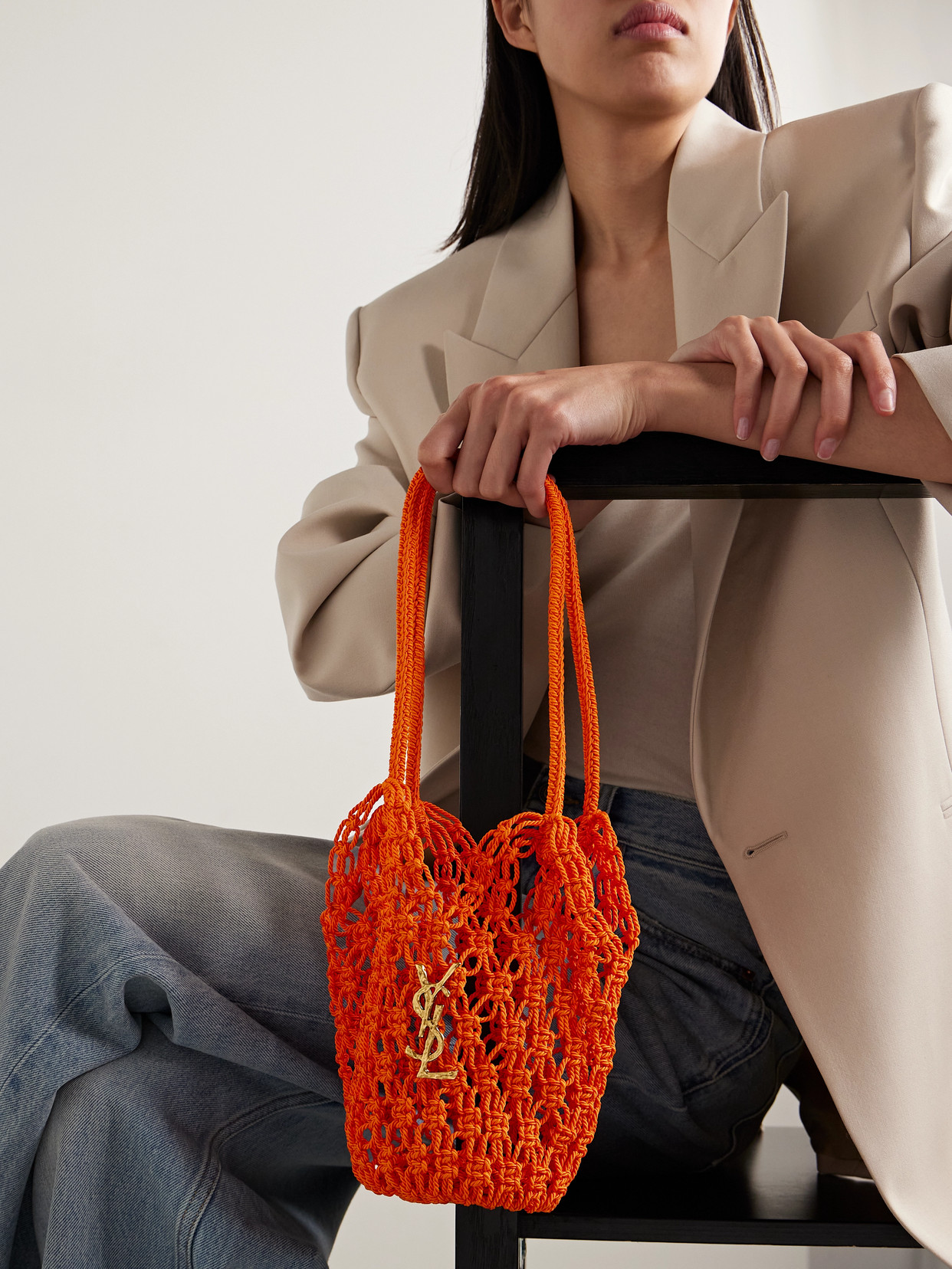 Saint Laurent Woven Cord Shoulder Bag In Orange