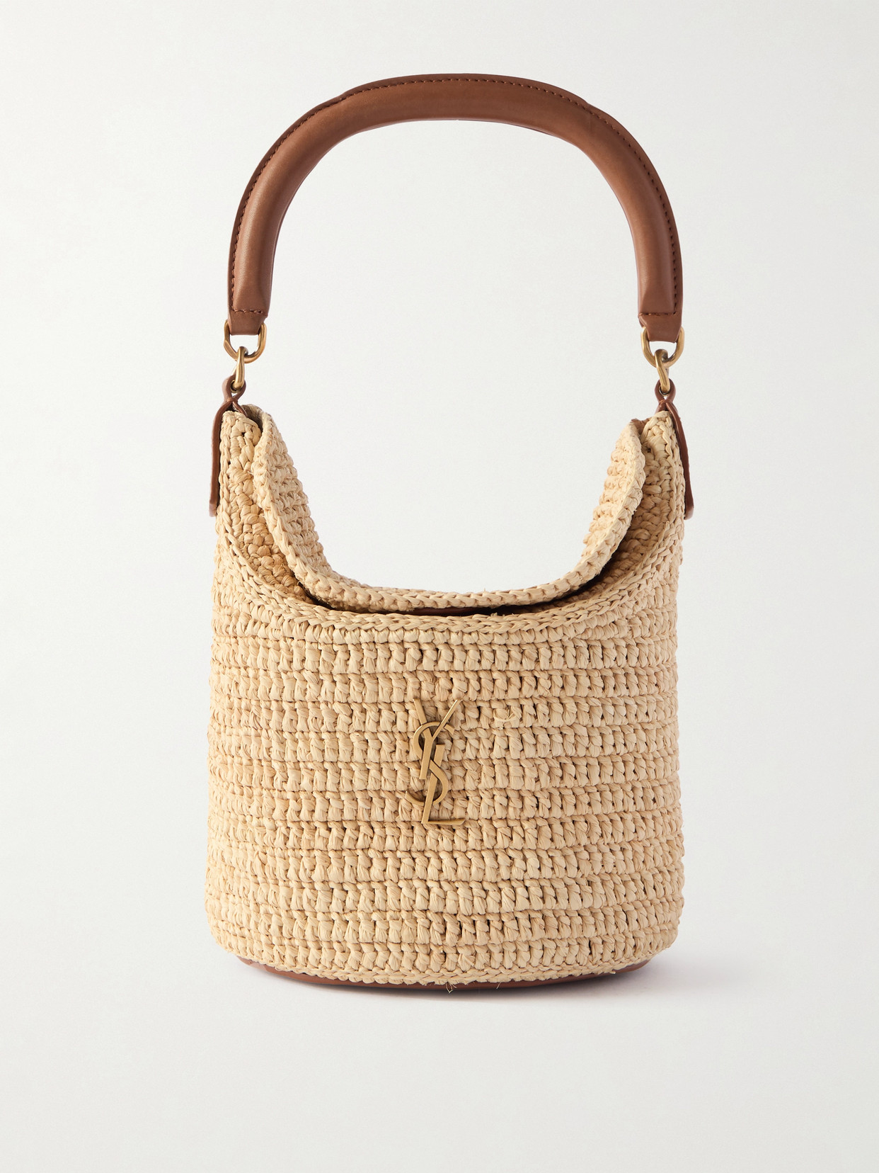 Saint Laurent Gaby Leather-trimmed Raffia Bucket Bag In Neutral