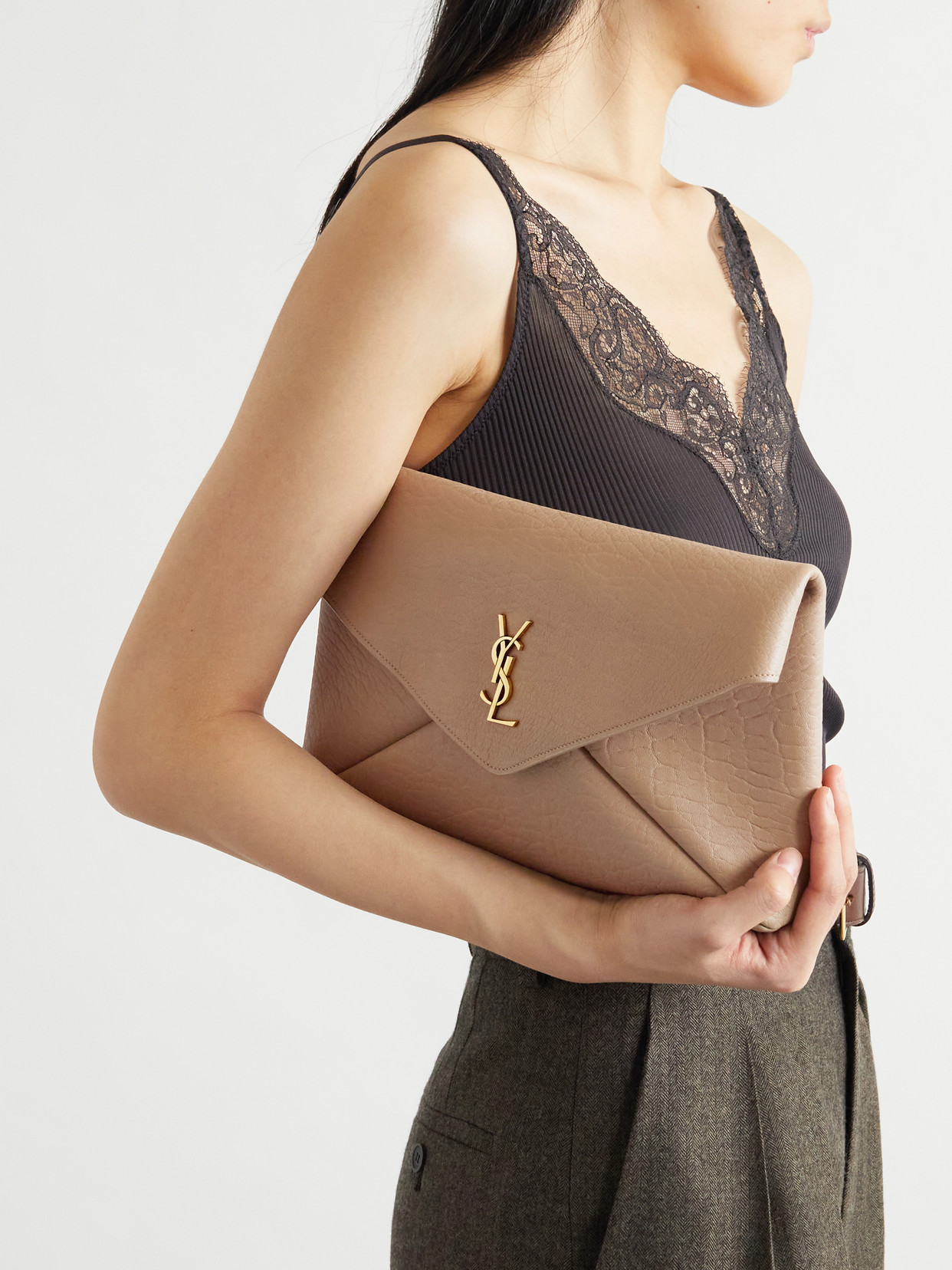 Saint Laurent Cassandre Large Textured-leather Clutch