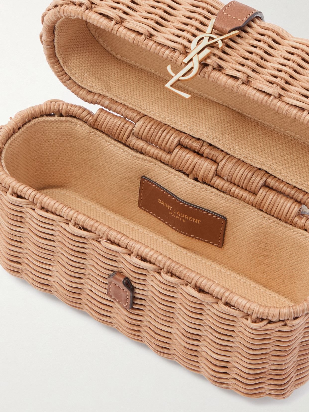Saint Laurent Gaby Vanity Leather-trimmed Woven Wicker Shoulder Bag In Neutral