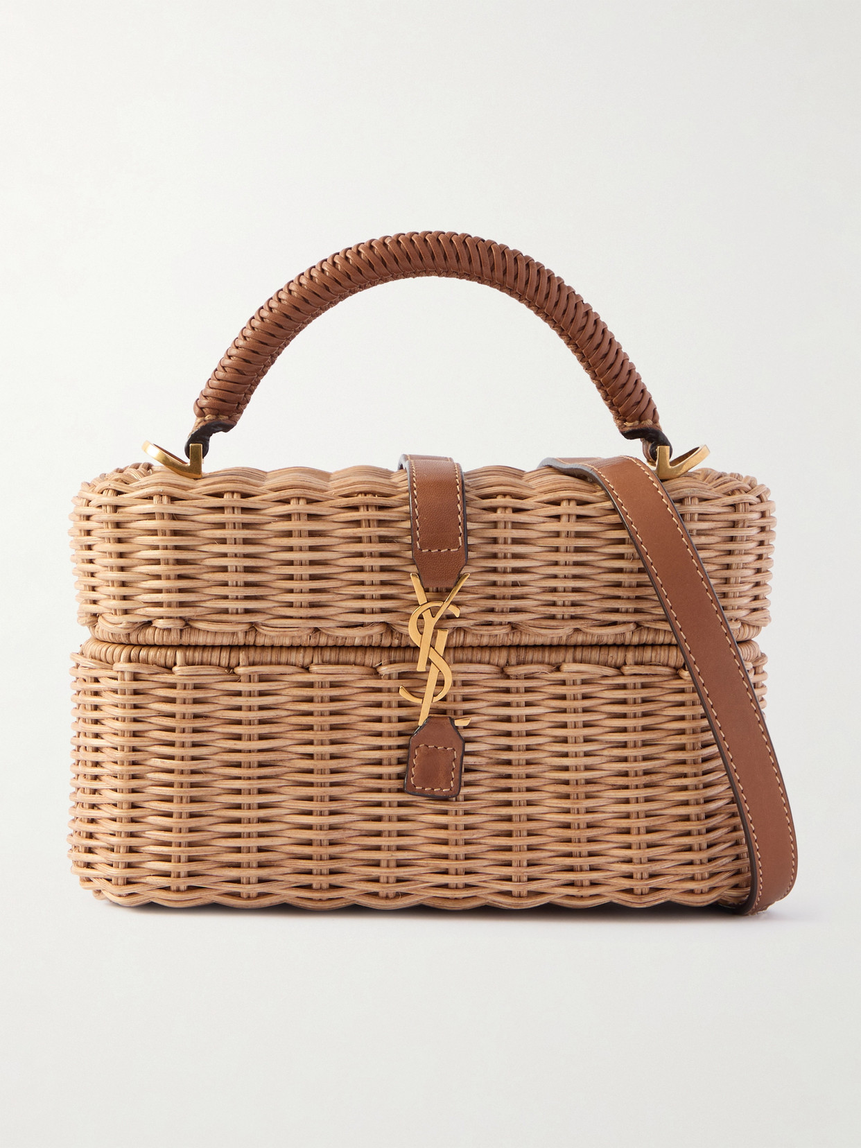 Saint Laurent Gaby Vanity Leather-trimmed Woven Wicker Shoulder Bag In Neutral