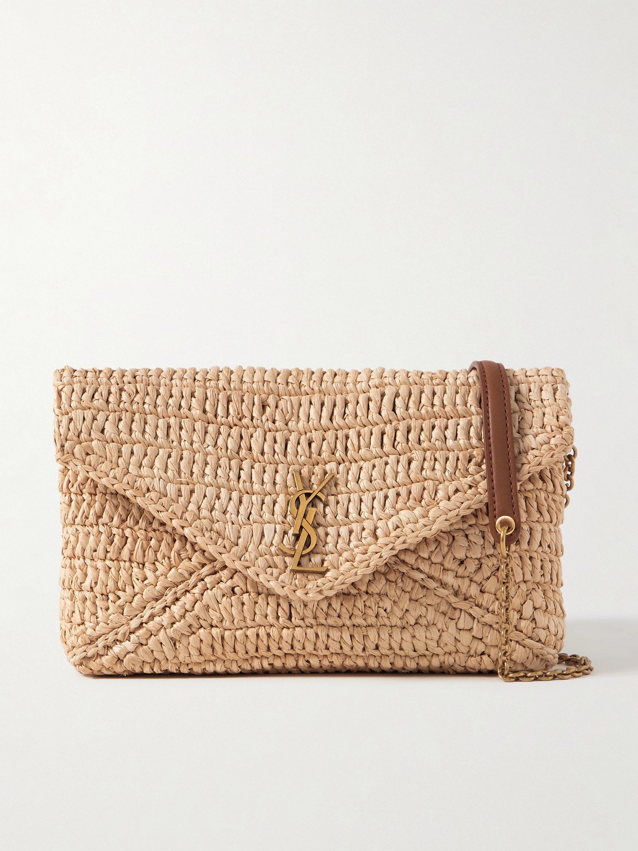 Saint Laurent Cassandre Leather-trimmed Raffia Shoulder Bag In Brown