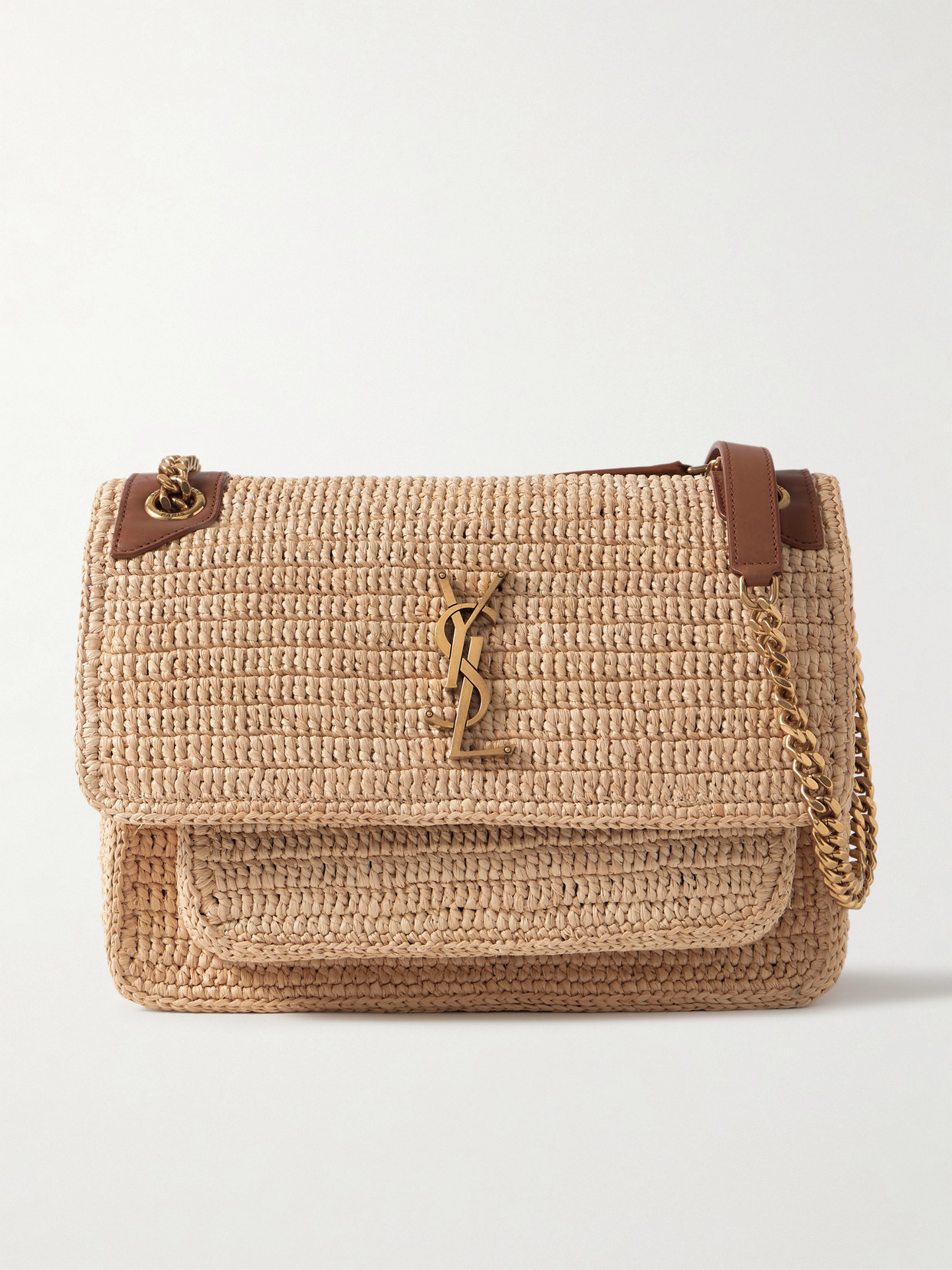 Saint Laurent Niki Medium Leather-trimmed Raffia Shoulder Bag