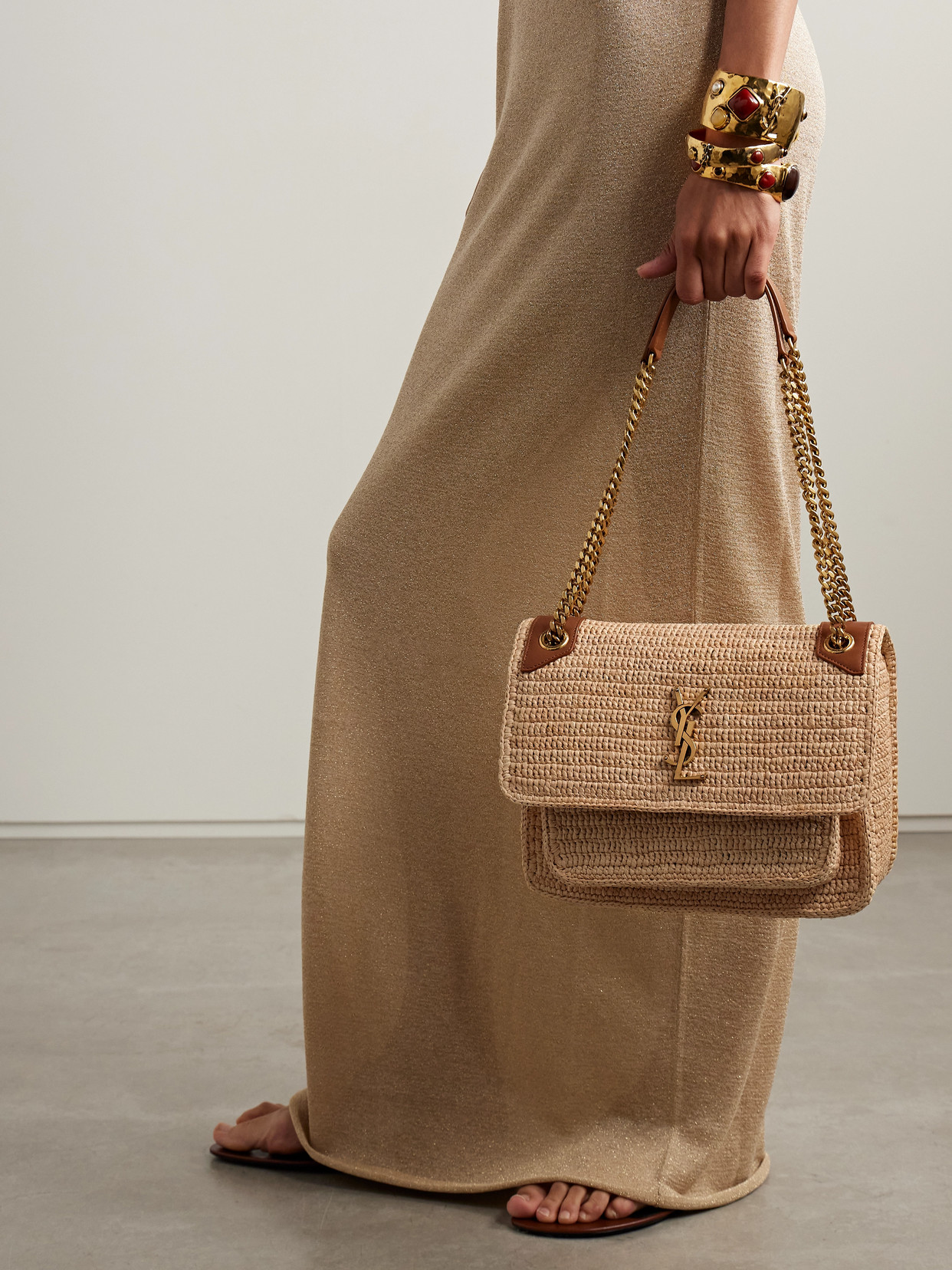 Niki Medium Leather-Trimmed Raffia Shoulder Bag