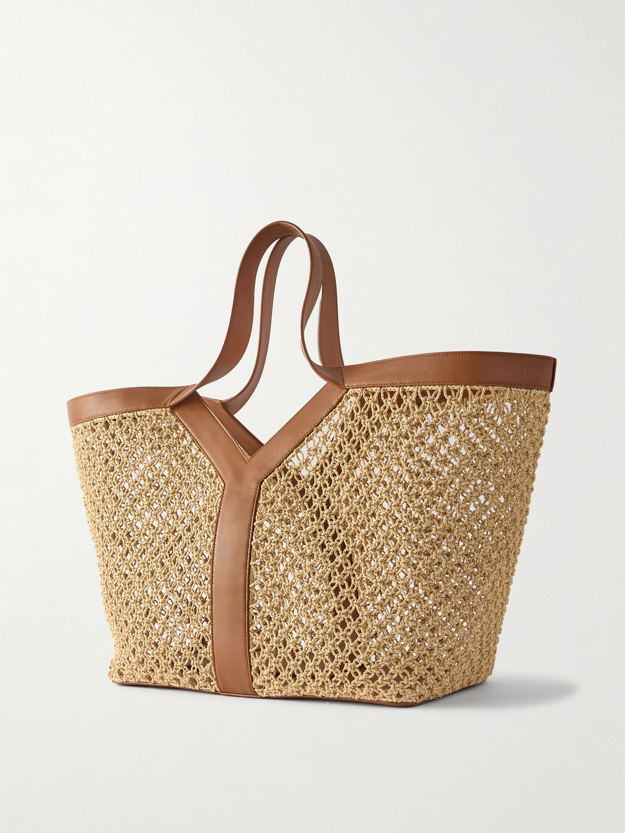 Saint Laurent Leather-trimmed Woven Raffia Tote In Brown