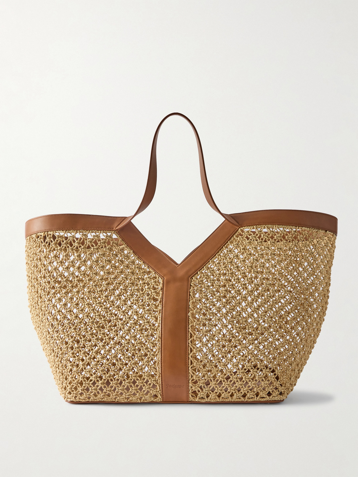 Saint Laurent Leather-trimmed Woven Raffia Tote In Brown
