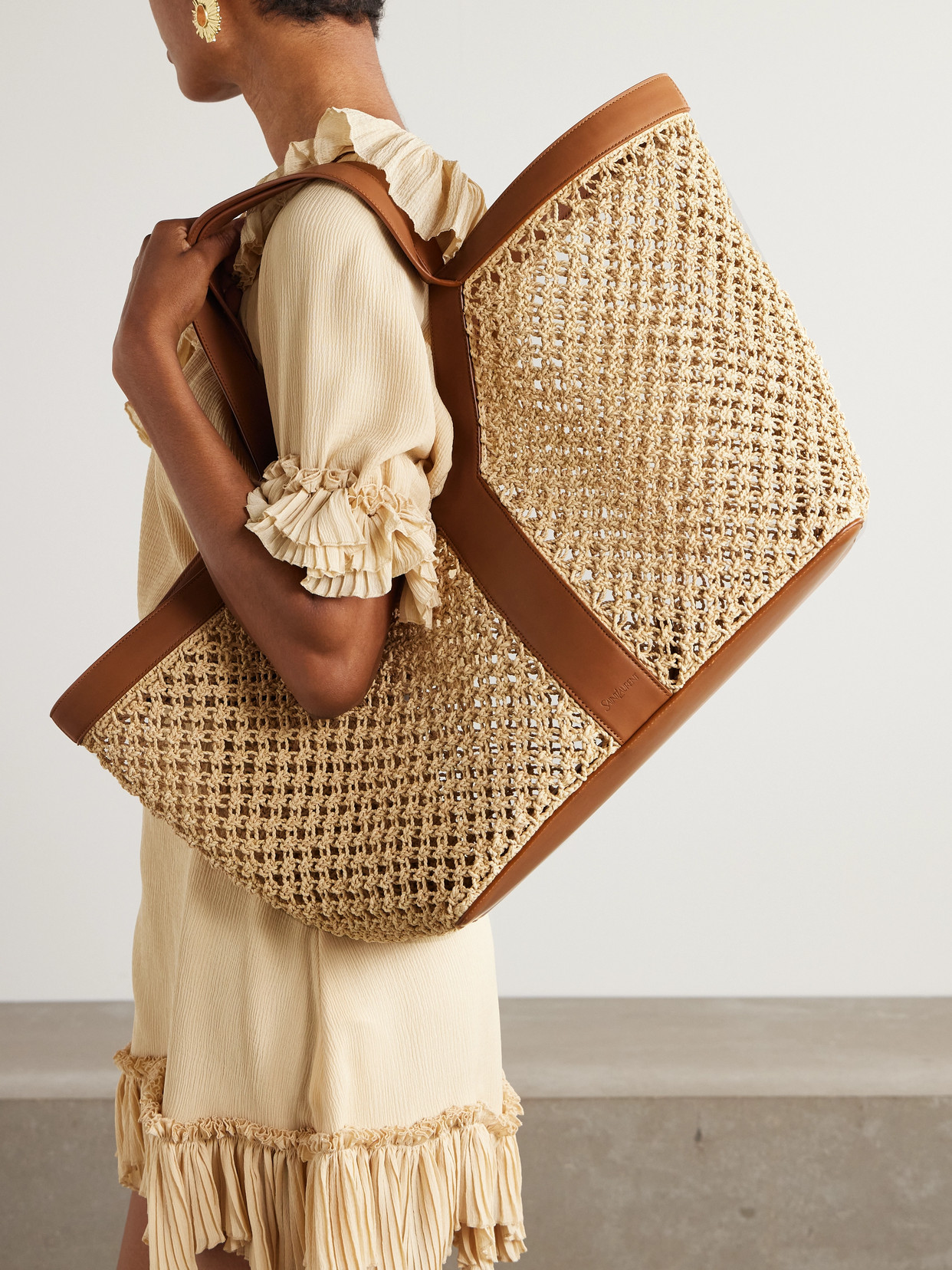 Saint Laurent Leather-trimmed Woven Raffia Tote In Brown