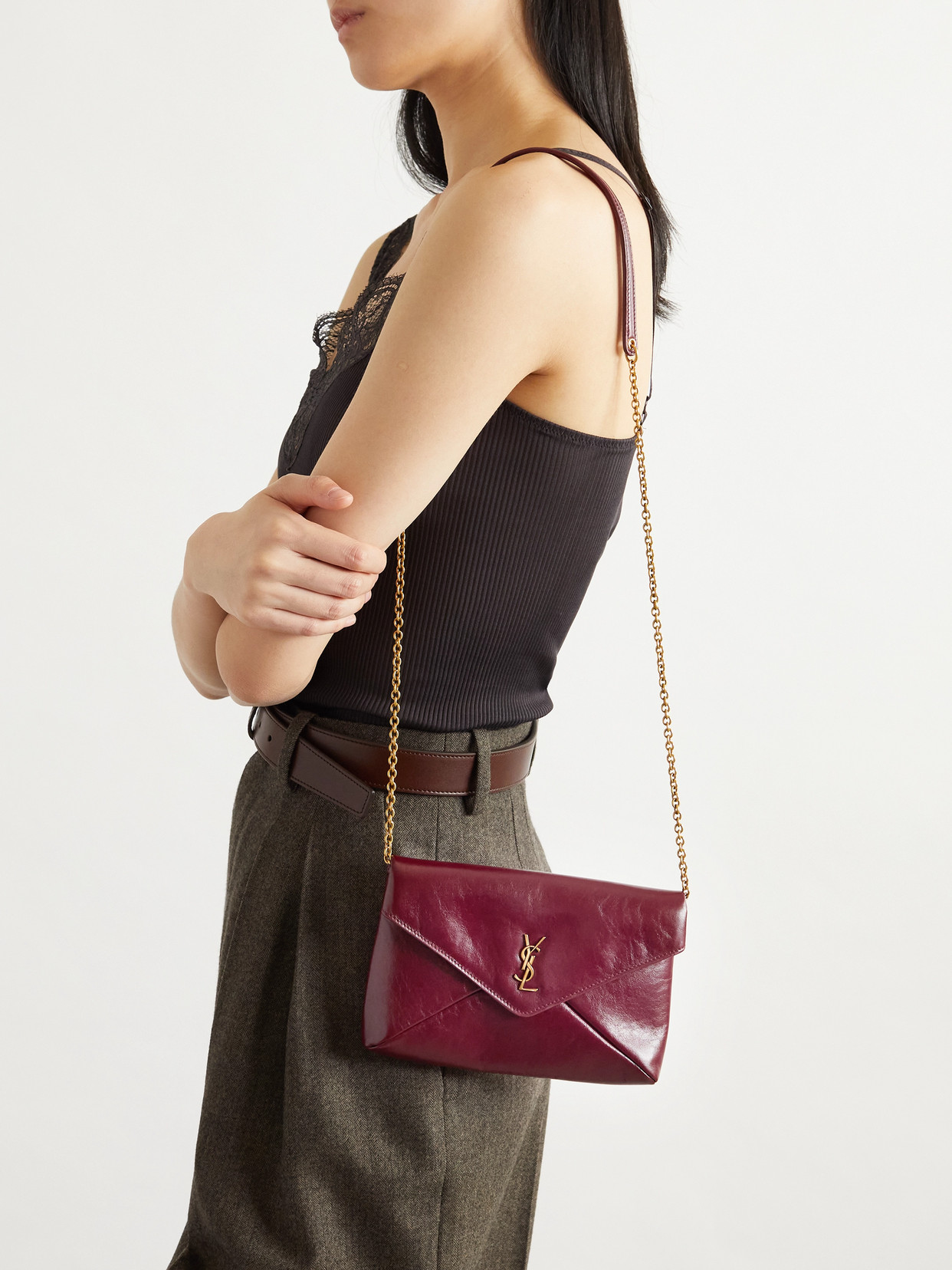 Saint Laurent Cassandre Large Glossed-leather Clutch In Red