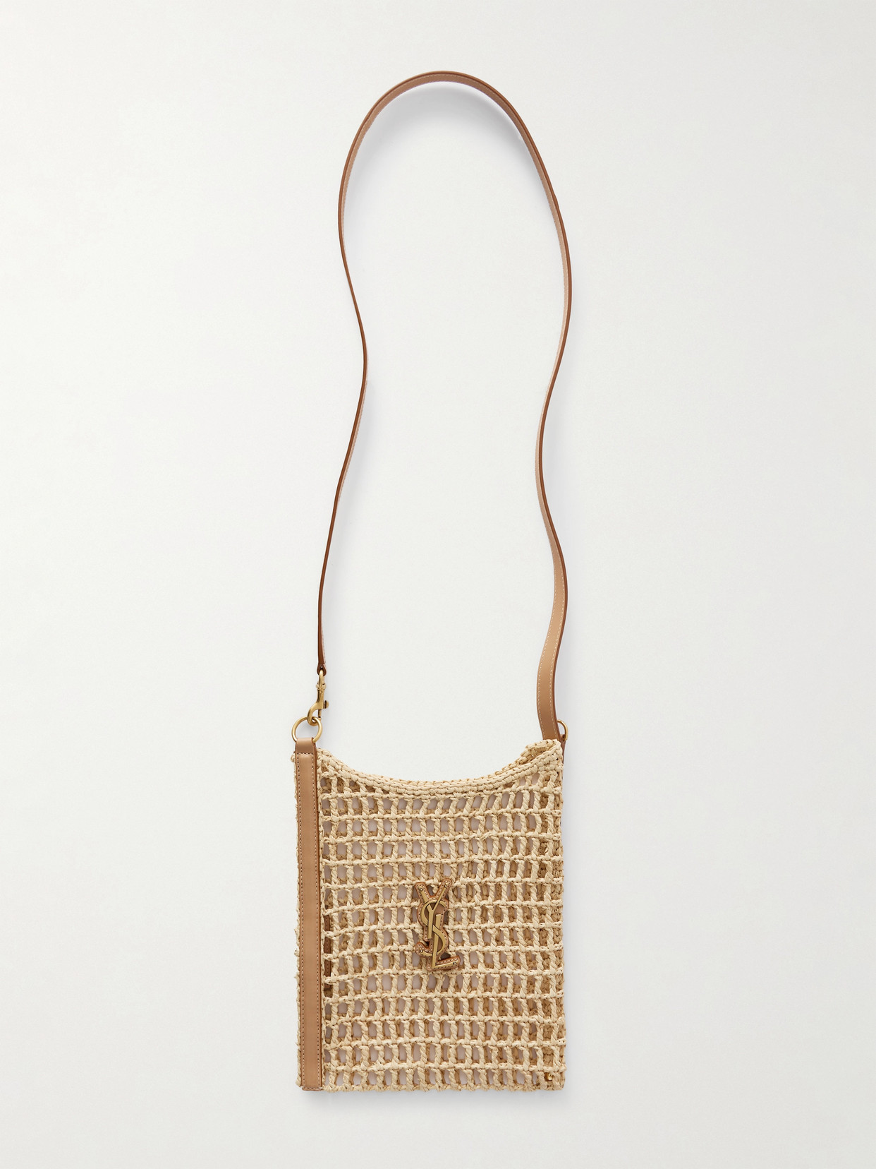 Saint Laurent Oxalis Mini Leather-trimmed Appliquéd Raffia Shoulder Bag In Brown