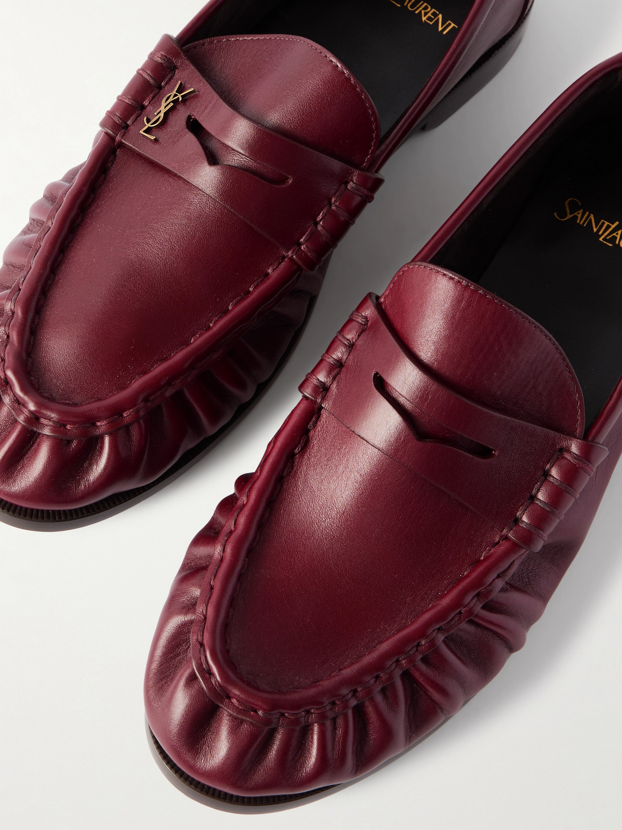 Saint Laurent Smooth Leather Loafer Featuring Ruched Detailing In Burgundy