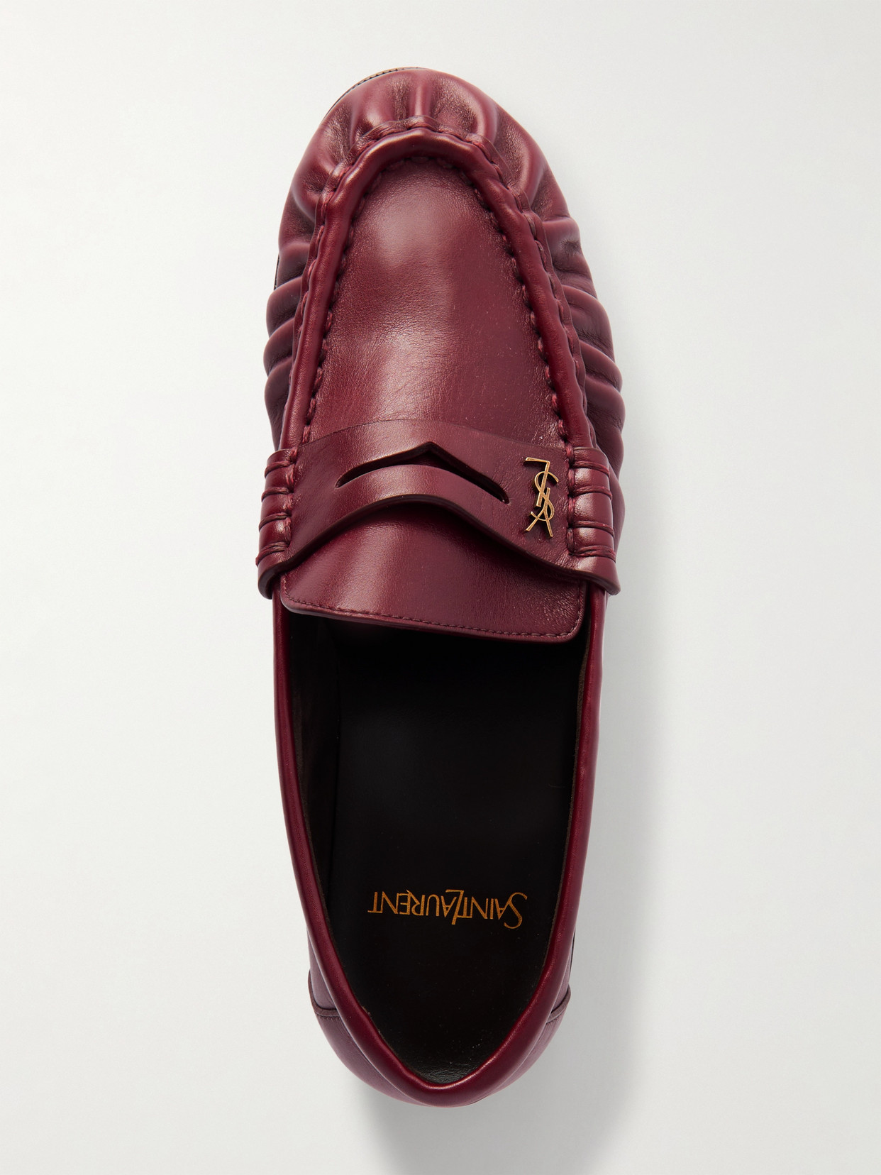 Saint Laurent Smooth Leather Loafer Featuring Ruched Detailing In Burgundy