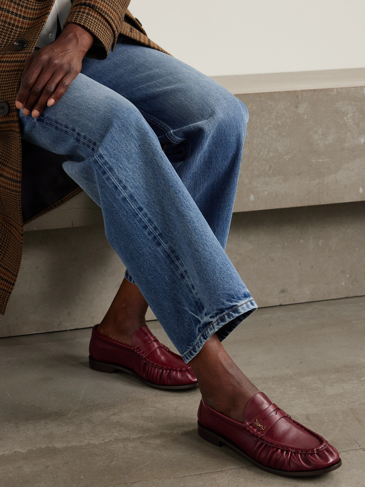 Saint Laurent Smooth Leather Loafer Featuring Ruched Detailing In Burgundy