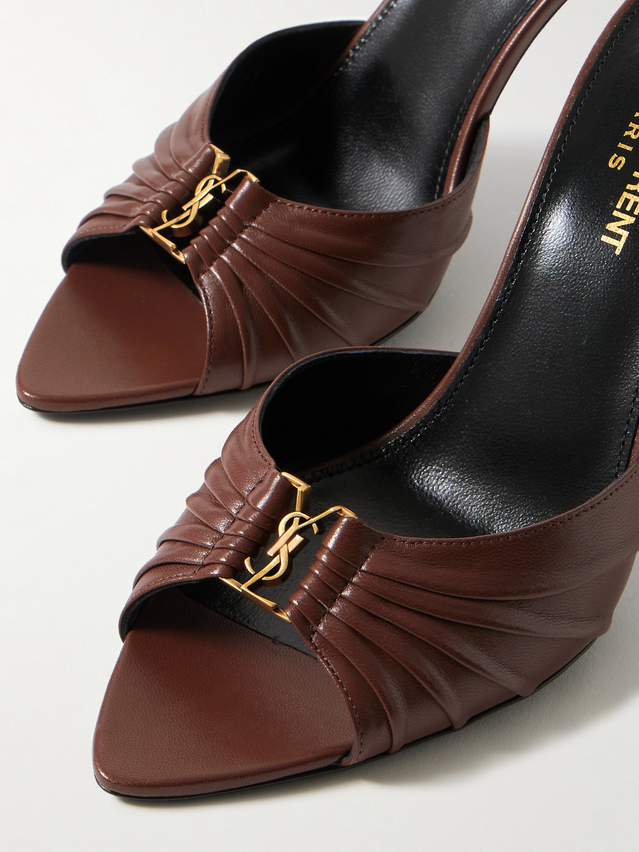 Saint Laurent Babylone Embellished Pleated Leather Mules In Brown